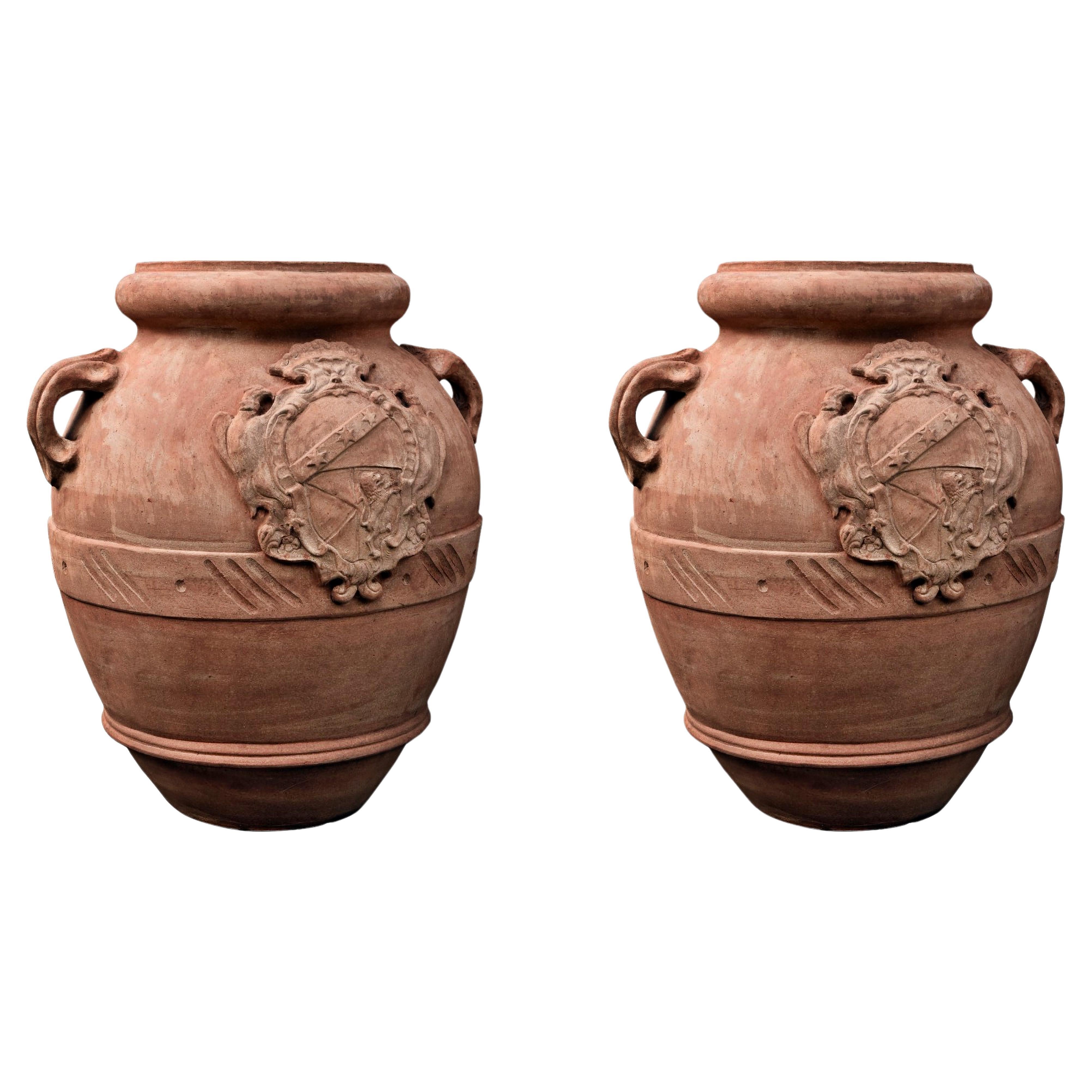 PAIR OF TUSCAN OIL JARS H.70CM WITH GINORI COAT OF ARMS TERRACOTTA 20th Century For Sale