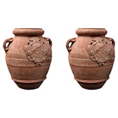 Used PAIR OF TUSCAN OIL JARS H.70CM WITH GINORI COAT OF ARMS TERRACOTTA 20th Century