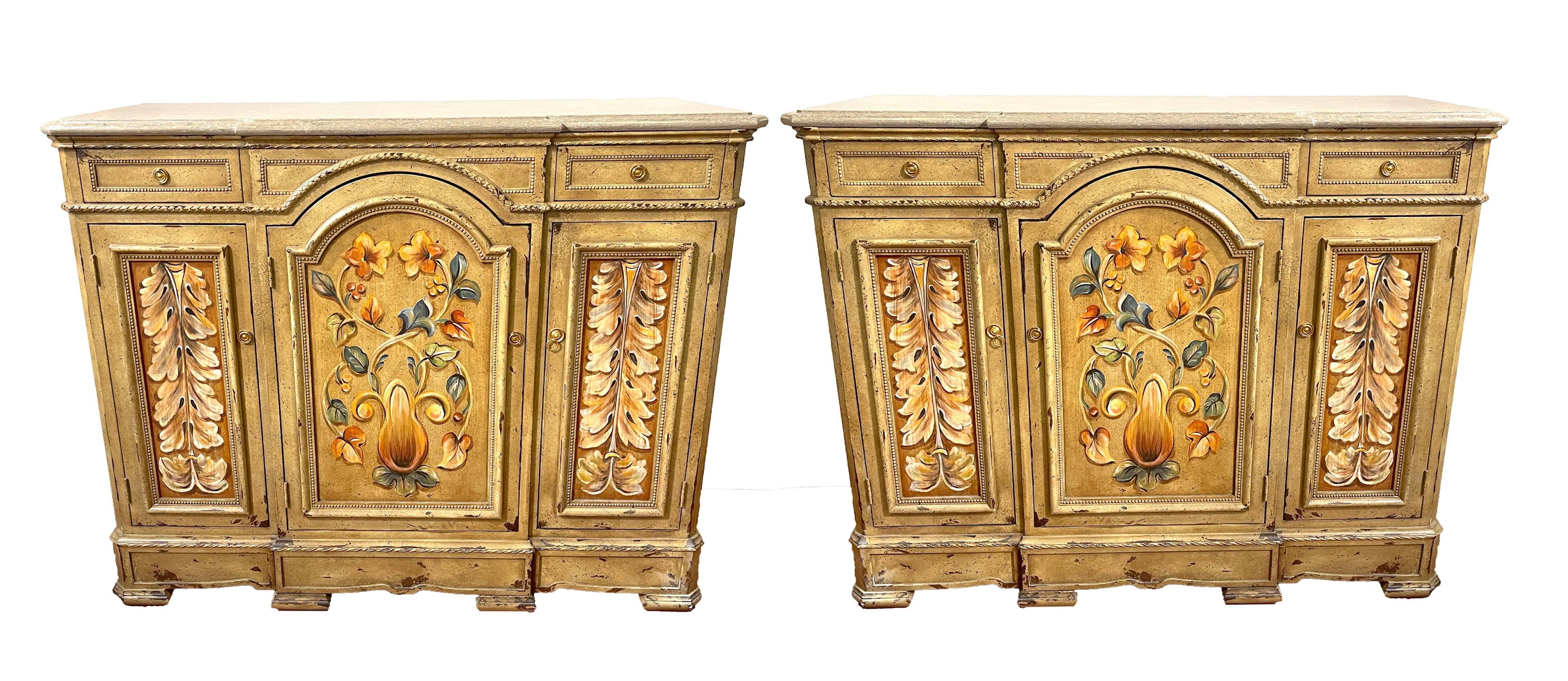 Pair of Tuscan Painted & Marble Top Credenzas by Susan Kaiser for Hickory Chair
Limited production pieces, Susan Kaiser for Hickory Chair,

A rare and elegant pair of Tuscan painted & marble top credenzas, designed by Susan Kaiser for Hickory Chair