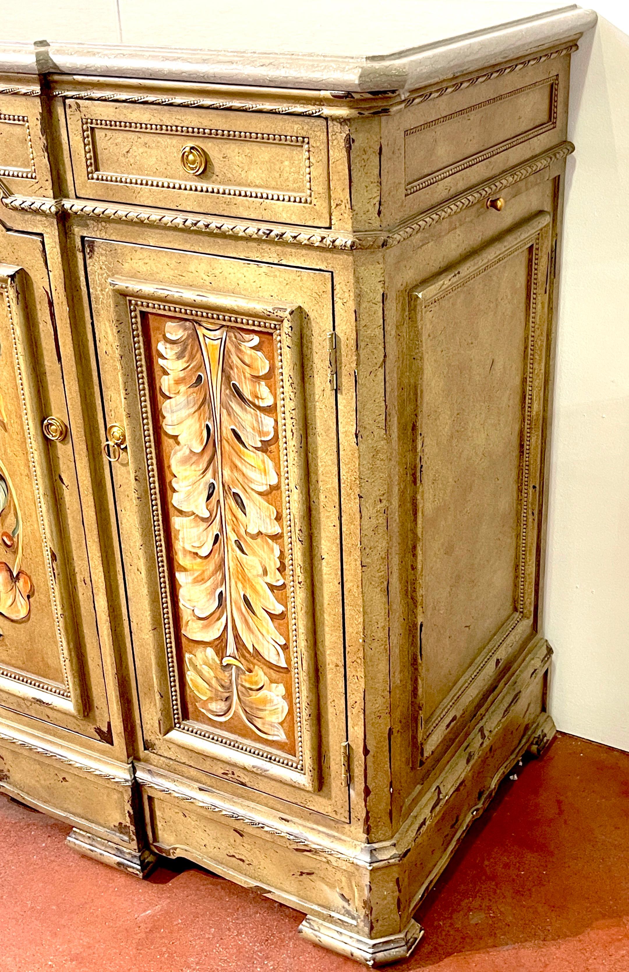 Neoclassical Pair of Tuscan Painted & Marble Top Credenzas by Susan Kaiser for Hickory Chair For Sale