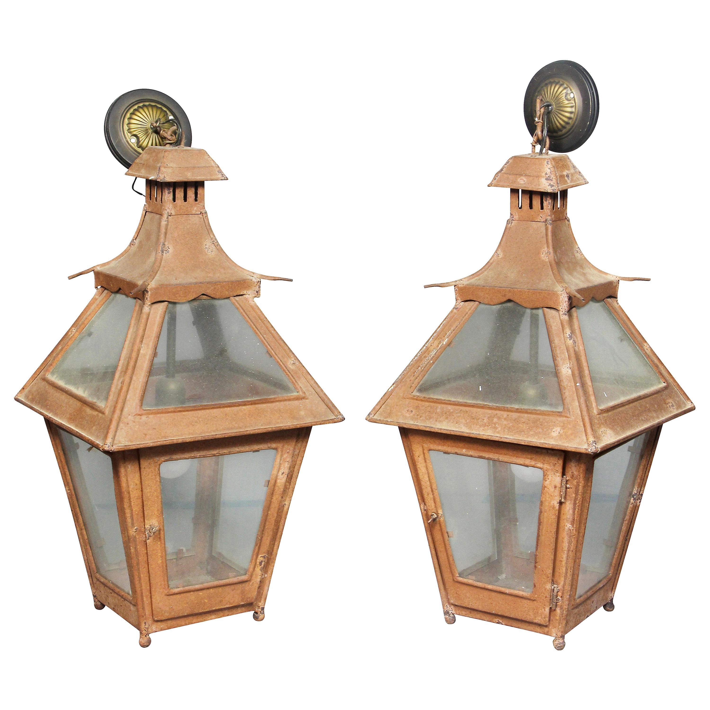 Pair of Tuscan Red Tole Hanging Lanterns For Sale