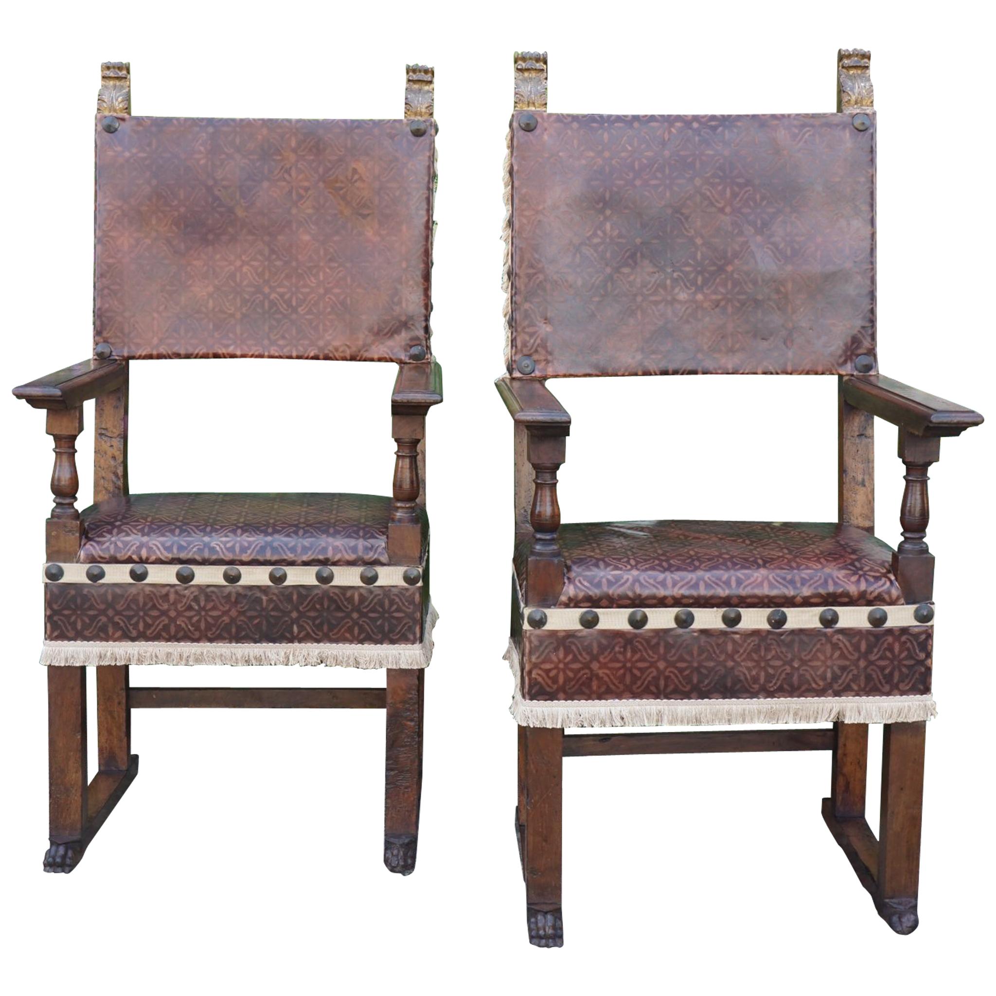 Pair of Tuscan Renaissance Style Walnut Armchairs For Sale