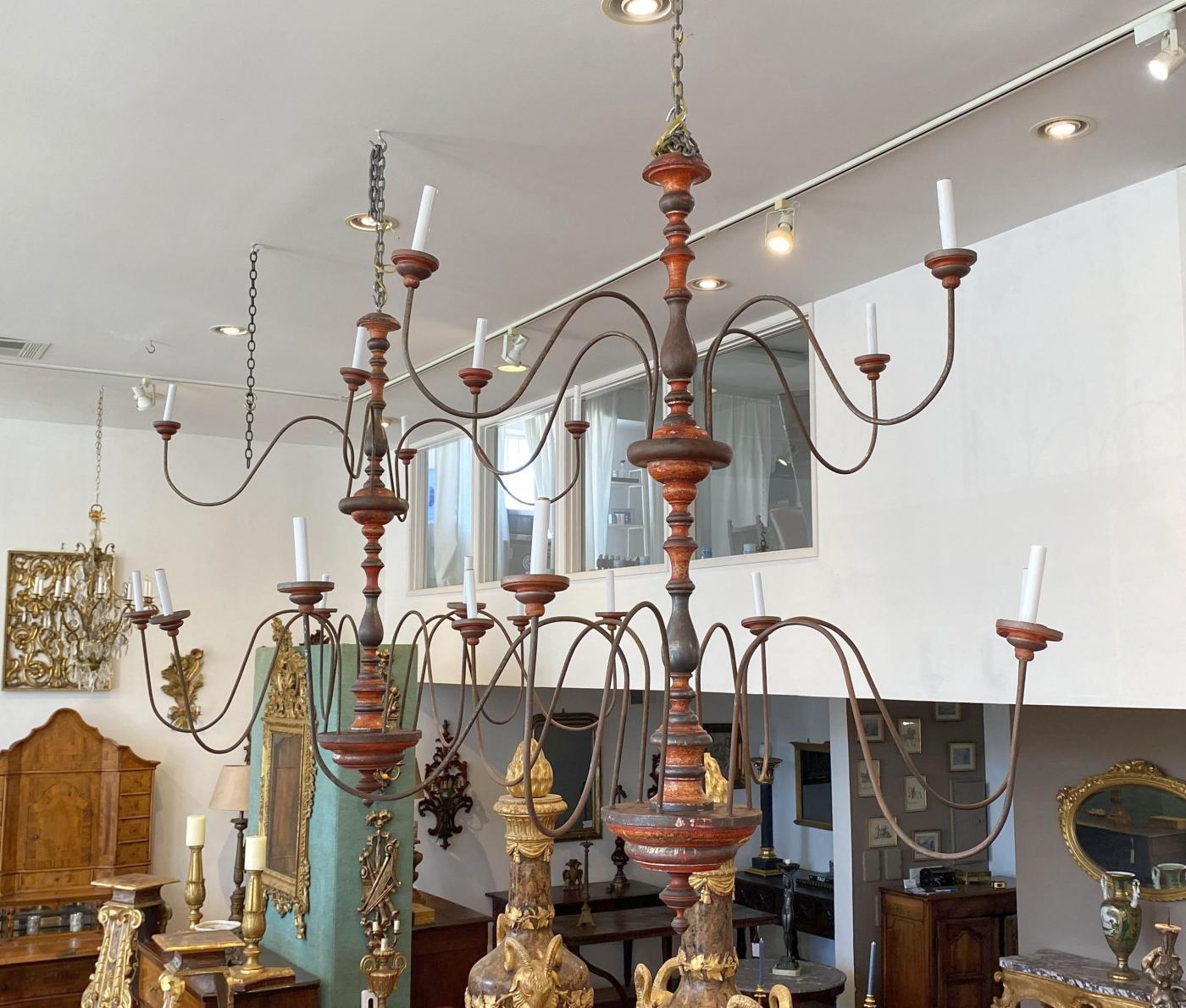 Pair of Tuscan Two-Tier Monumental Painted Chandeliers In Good Condition For Sale In Los Angeles, CA