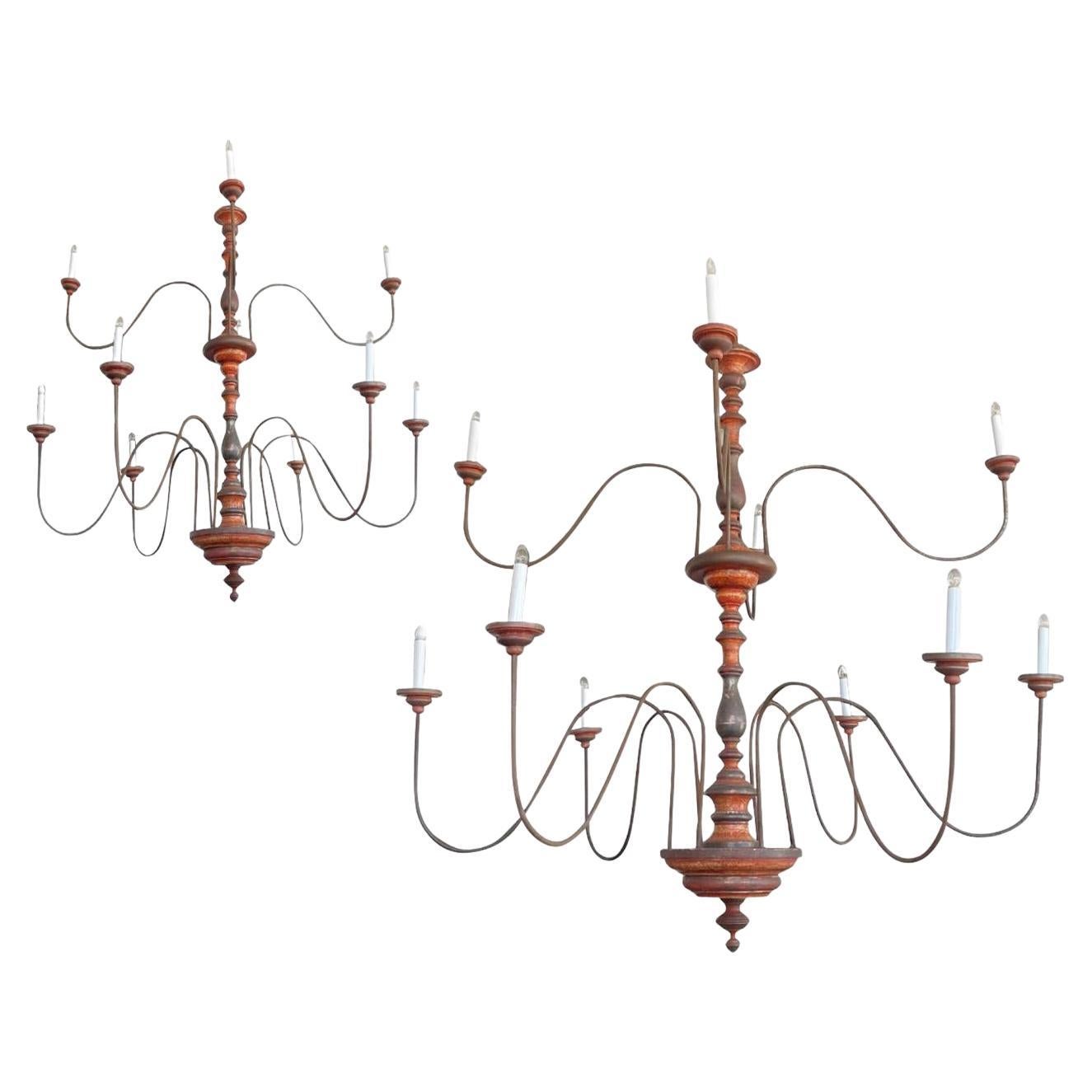 Pair of Tuscan Two-Tier Monumental Painted Chandeliers For Sale