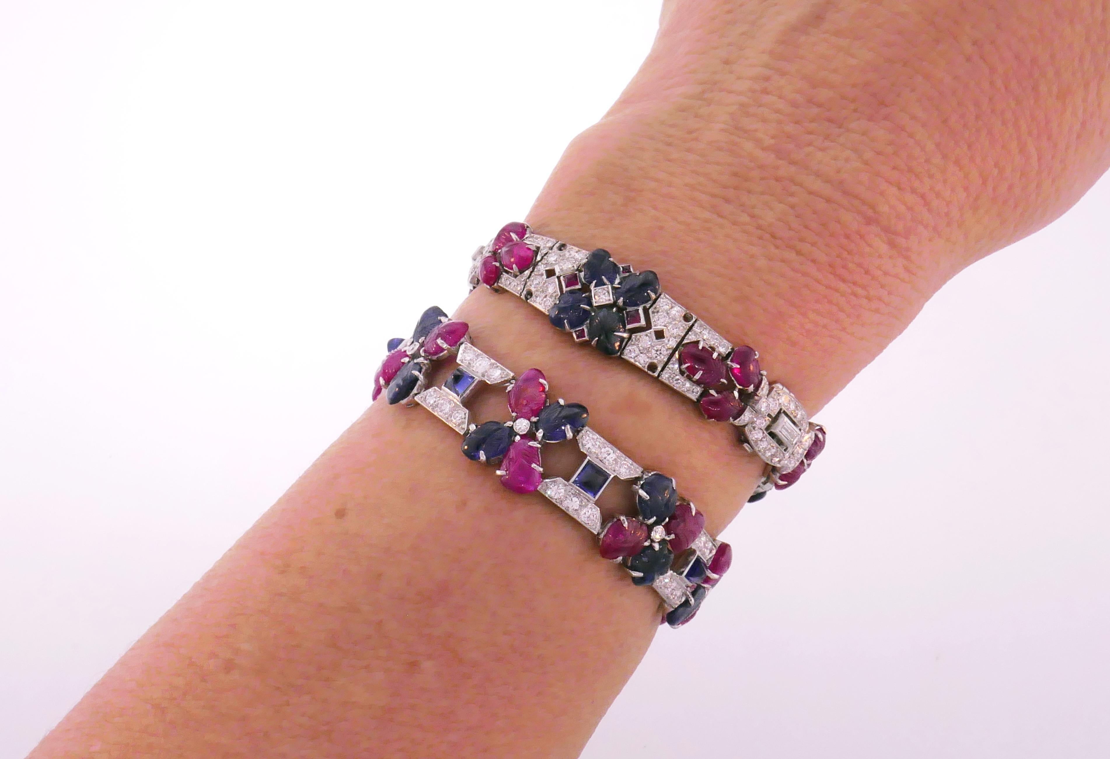 Pair of Tutti Frutti Platinum Bracelets with Sapphire Ruby Diamond Art Deco In Good Condition In Beverly Hills, CA
