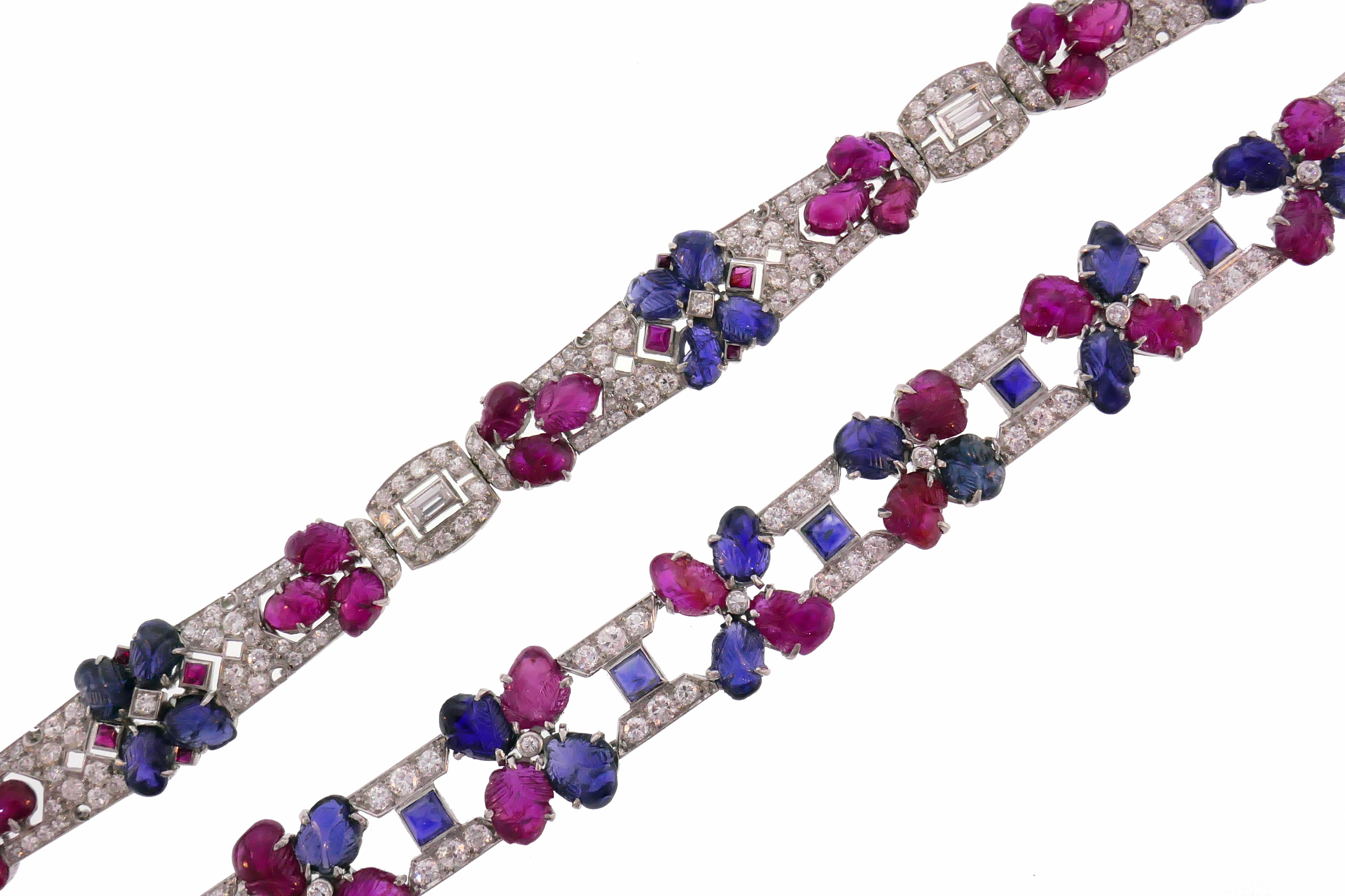 Women's Pair of Tutti Frutti Platinum Bracelets with Sapphire Ruby Diamond Art Deco