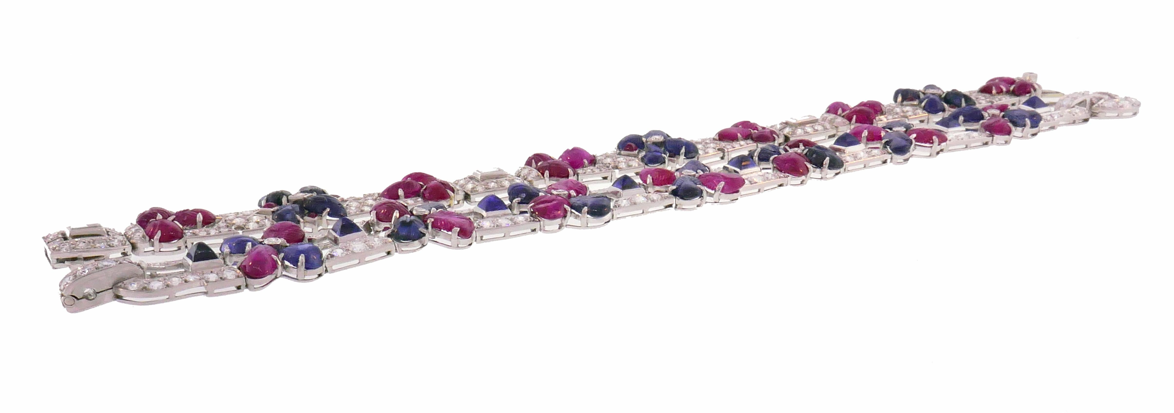 Pair of Tutti Frutti Platinum Bracelets with Sapphire Ruby Diamond Art Deco 1