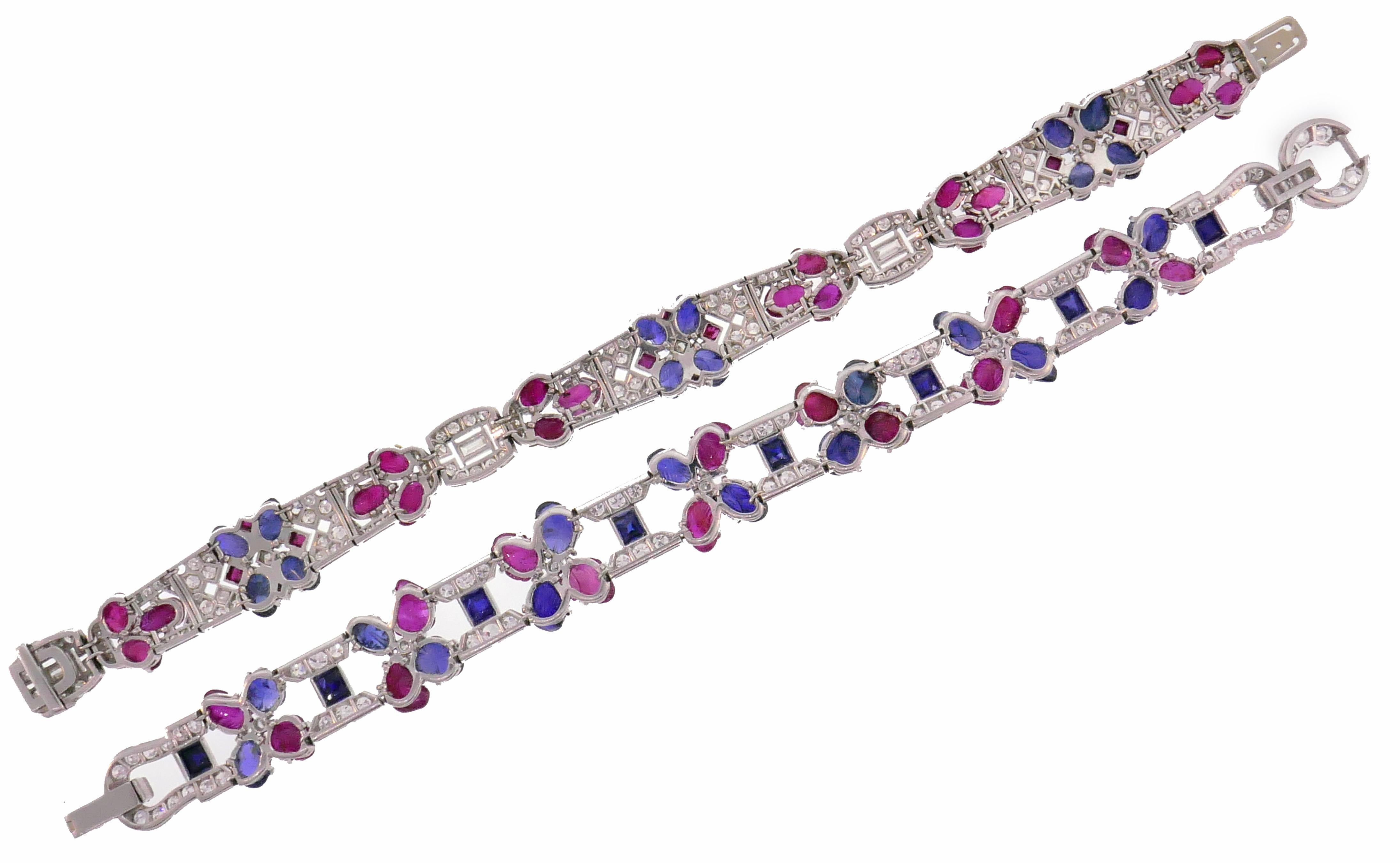 Pair of Tutti Frutti Platinum Bracelets with Sapphire Ruby Diamond Art Deco 2