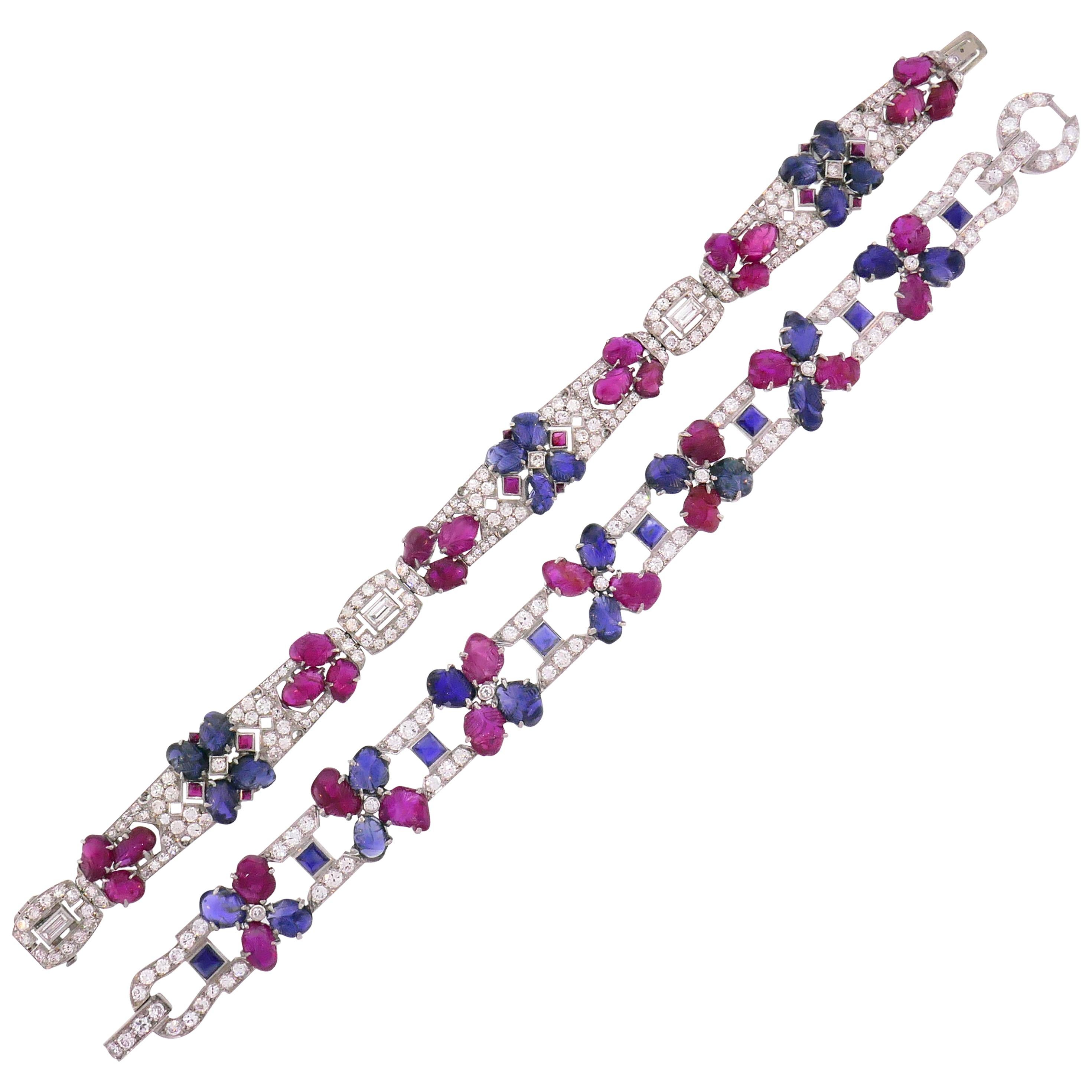 Pair of Tutti Frutti Platinum Bracelets with Sapphire Ruby Diamond Art Deco