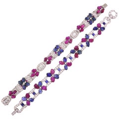 Pair of Tutti Frutti Platinum Bracelets with Sapphire Ruby Diamond Art Deco