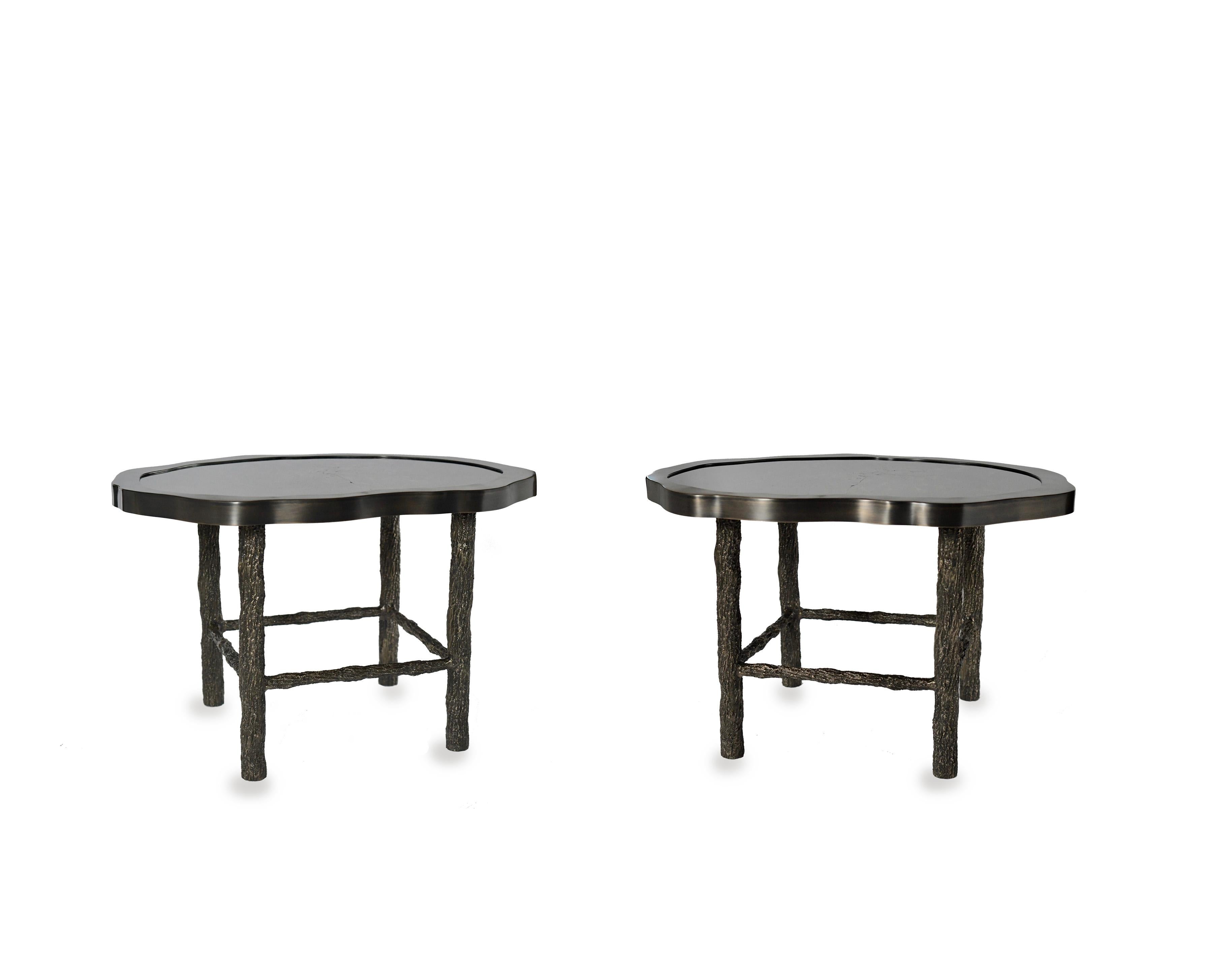 Pair of smoky dark rock crystal quartz cocktail tables with twig inspired antique brass legs, created by Phoenix Gallery.
Can be sold by separated.
Custom size upon request