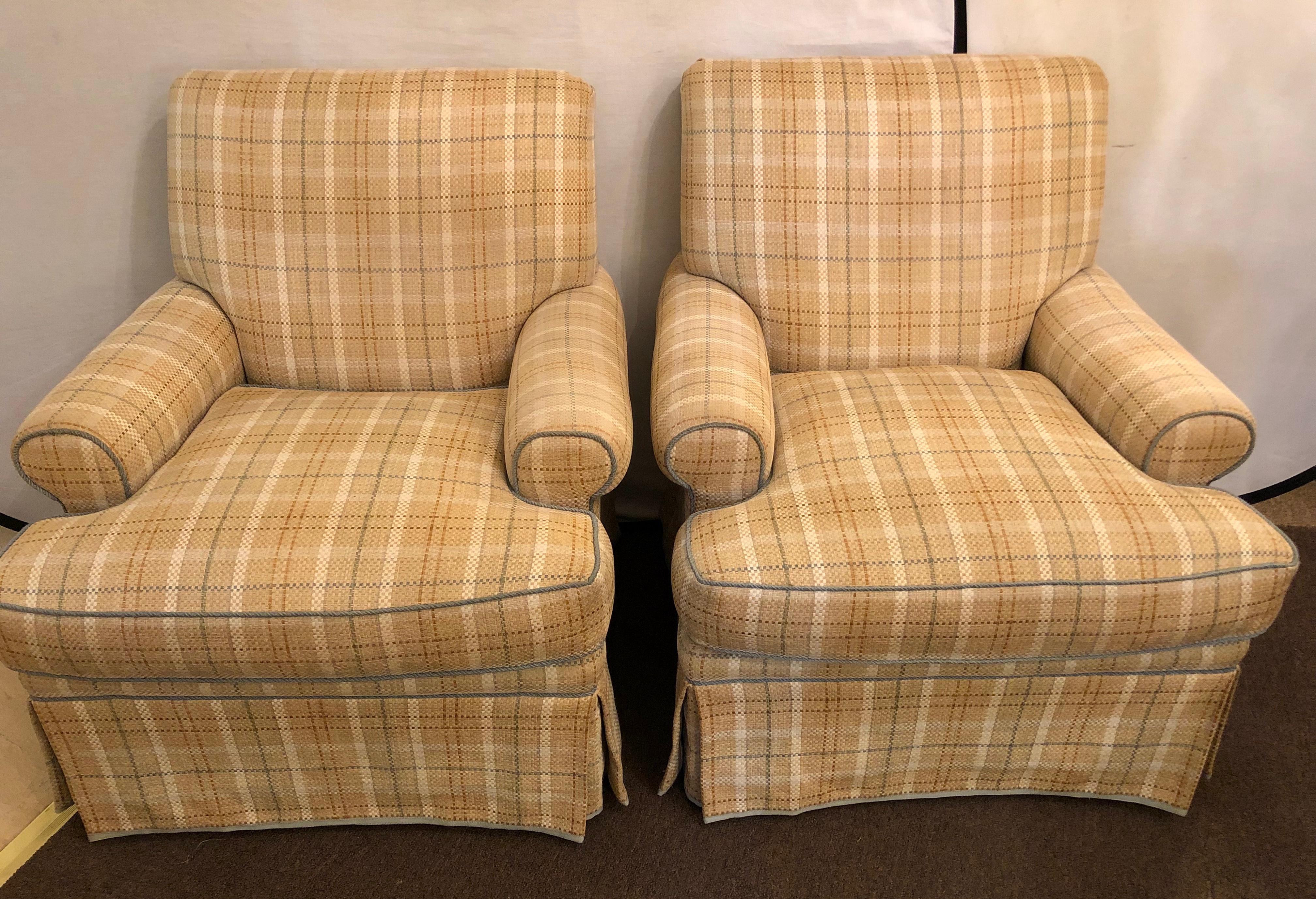 Pair of Plaid swivel by O Henry House Ltd finely covered arm lounge chairs. These wonderfully upholstered chairs swivel and could not be more comfortable to sit in. The wide and deep seats covered in the most glamorous of upholstery that is fully