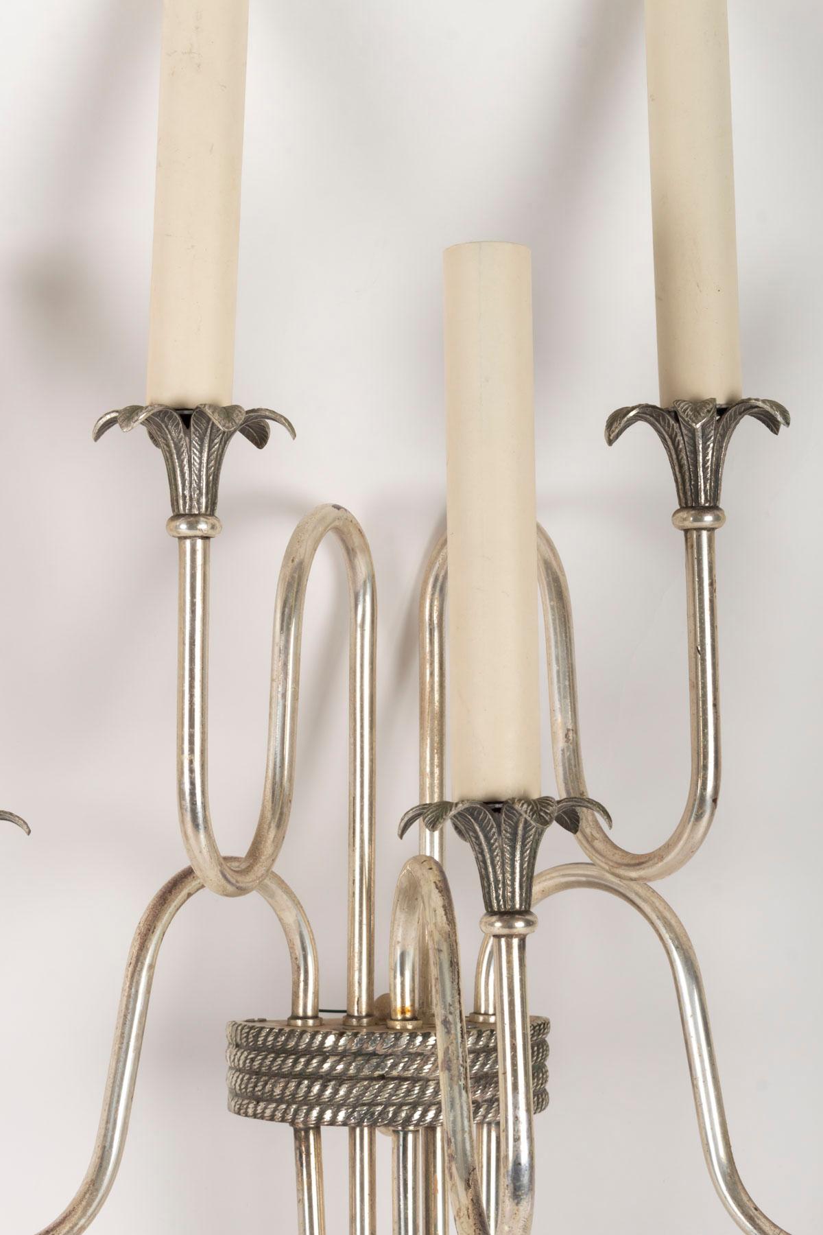 Silvered Pair of 20th Century Silver Bronze Wall Lamps, 4 Lights
