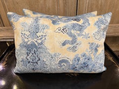 Pair of Twigs Chinoiserie Dragon Pillows with Belgian Linen Backs