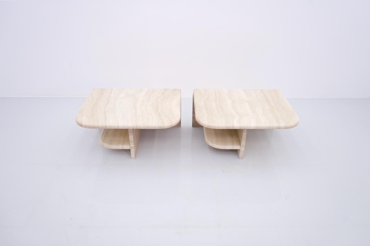 Late 20th Century Pair of Twin Coffee Tables in Italian Travertine Stone, 1970s