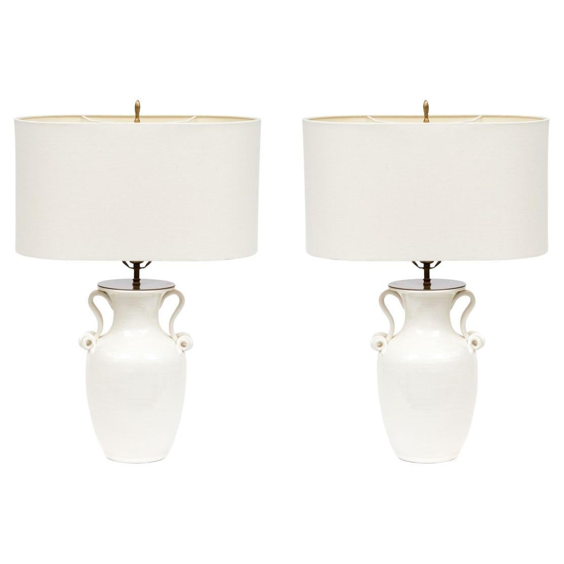 Pair Of Twin Handled White Glazed Ceramic Vase Form Table Lamps For Sale