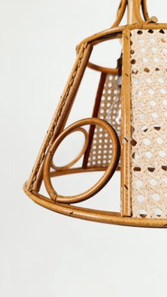 Pair of Twin Vintage Pendant Lights in Cane and Woven Wicker Cane, Italy,  70s