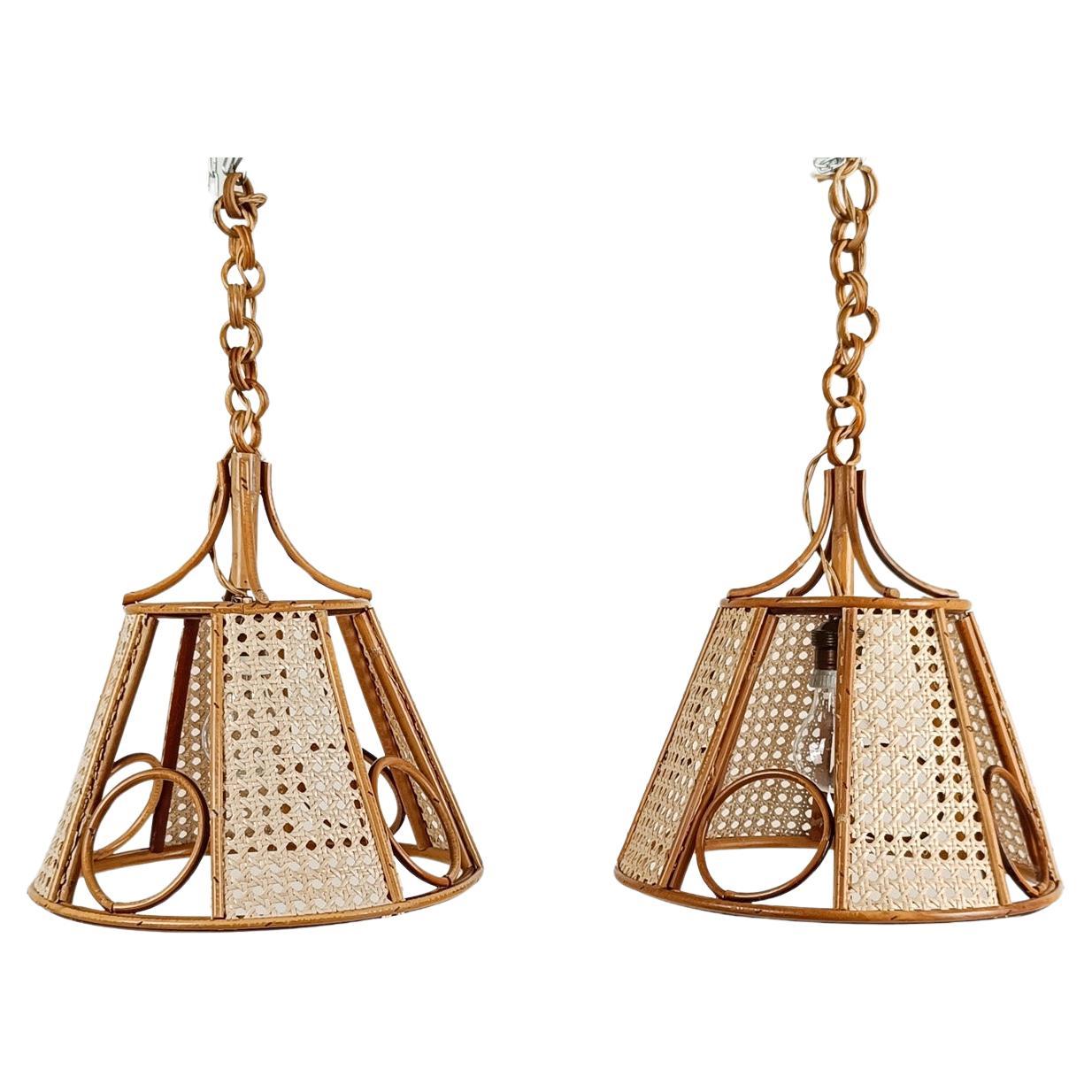 Pair of Twin Vintage Pendant Lights in Cane and Woven Wicker Cane, Italy,  70s