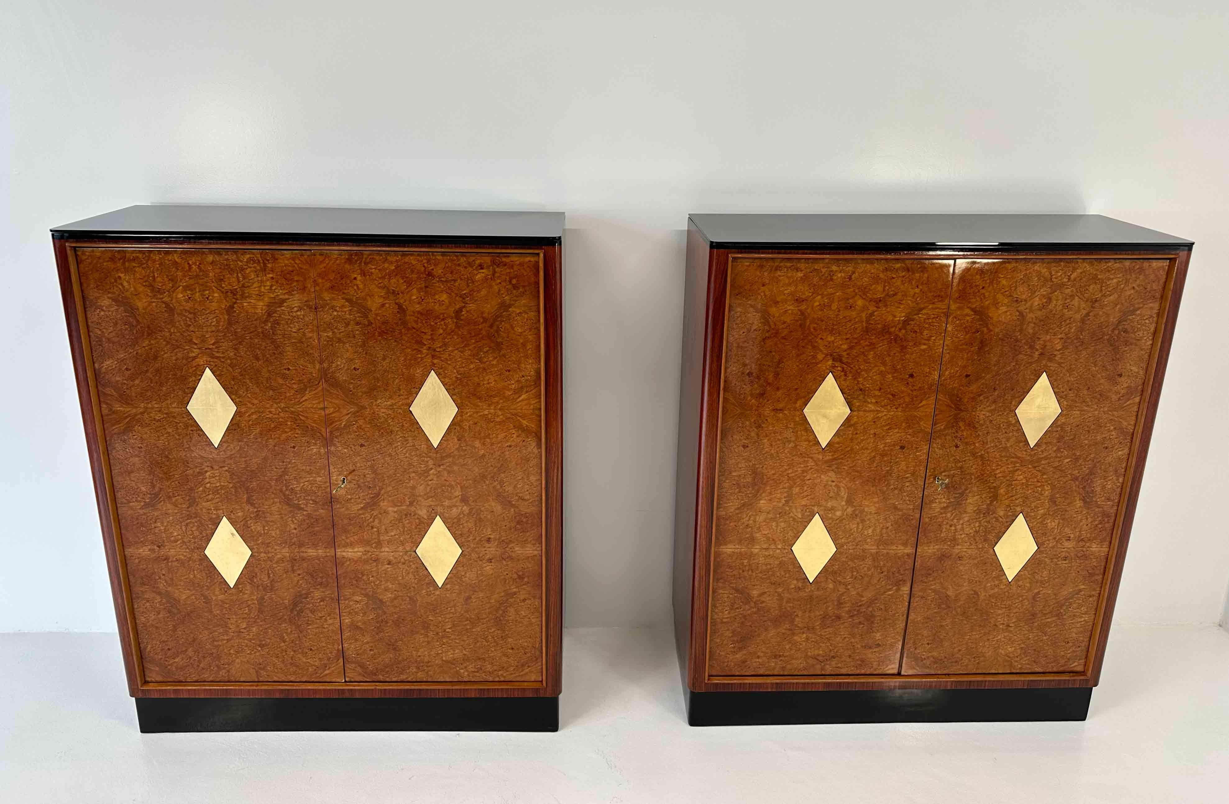 Mid-20th Century Pair of Twins  Italian Art Deco Maple Briar and Gold Cabinets, 1940s