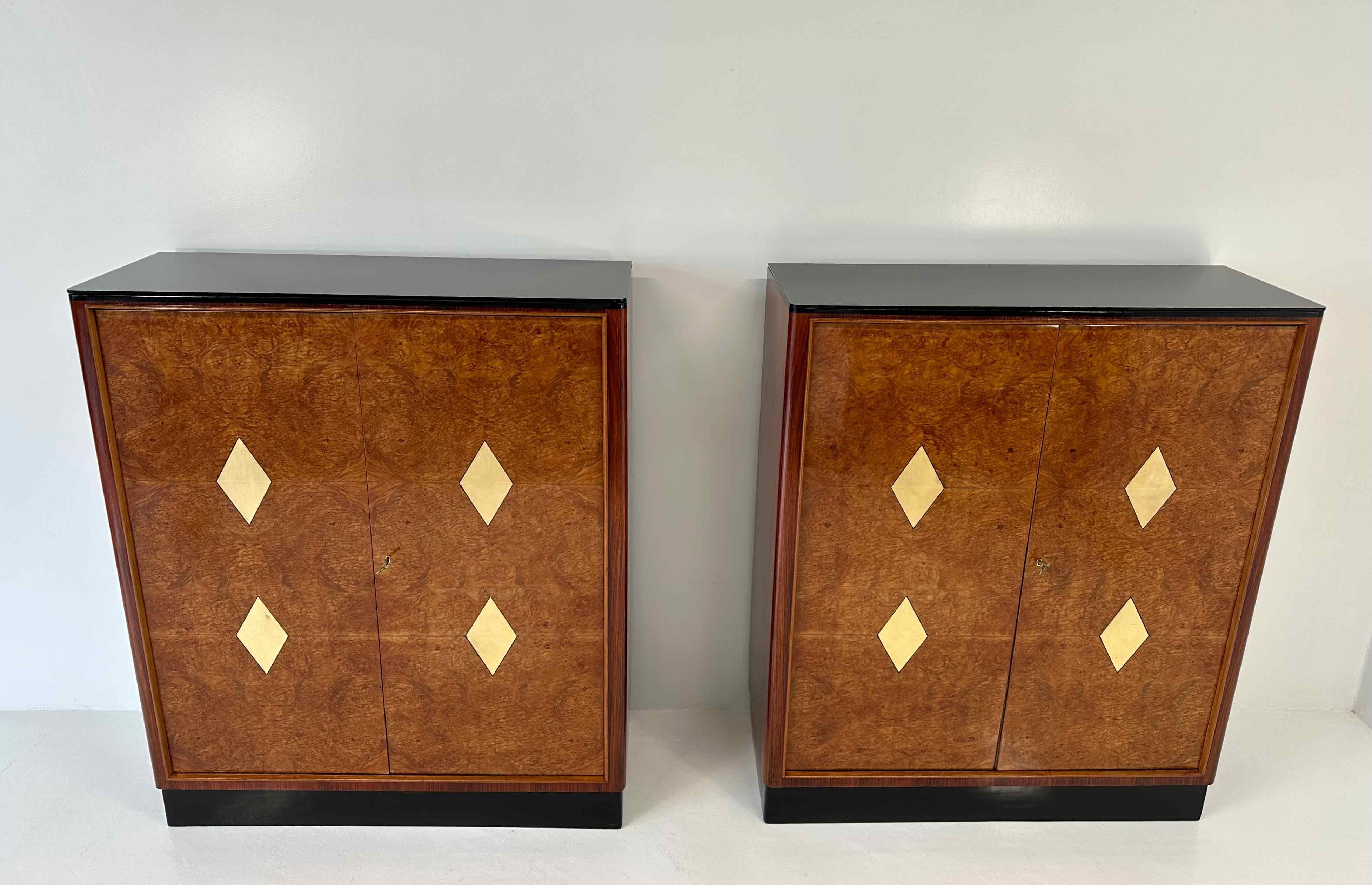 Gold Leaf Pair of Twins  Italian Art Deco Maple Briar and Gold Cabinets, 1940s
