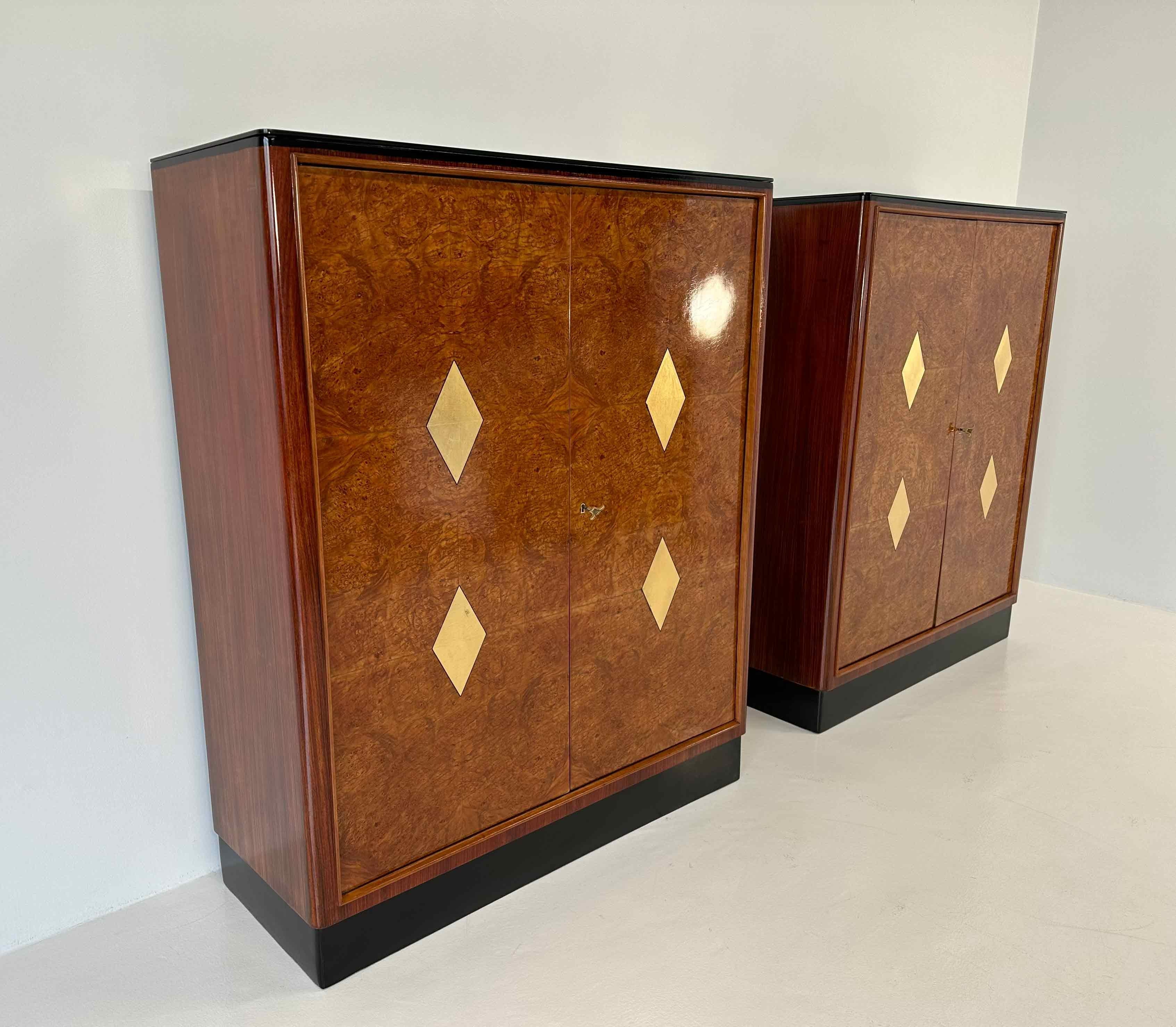Pair of Twins  Italian Art Deco Maple Briar and Gold Cabinets, 1940s 1