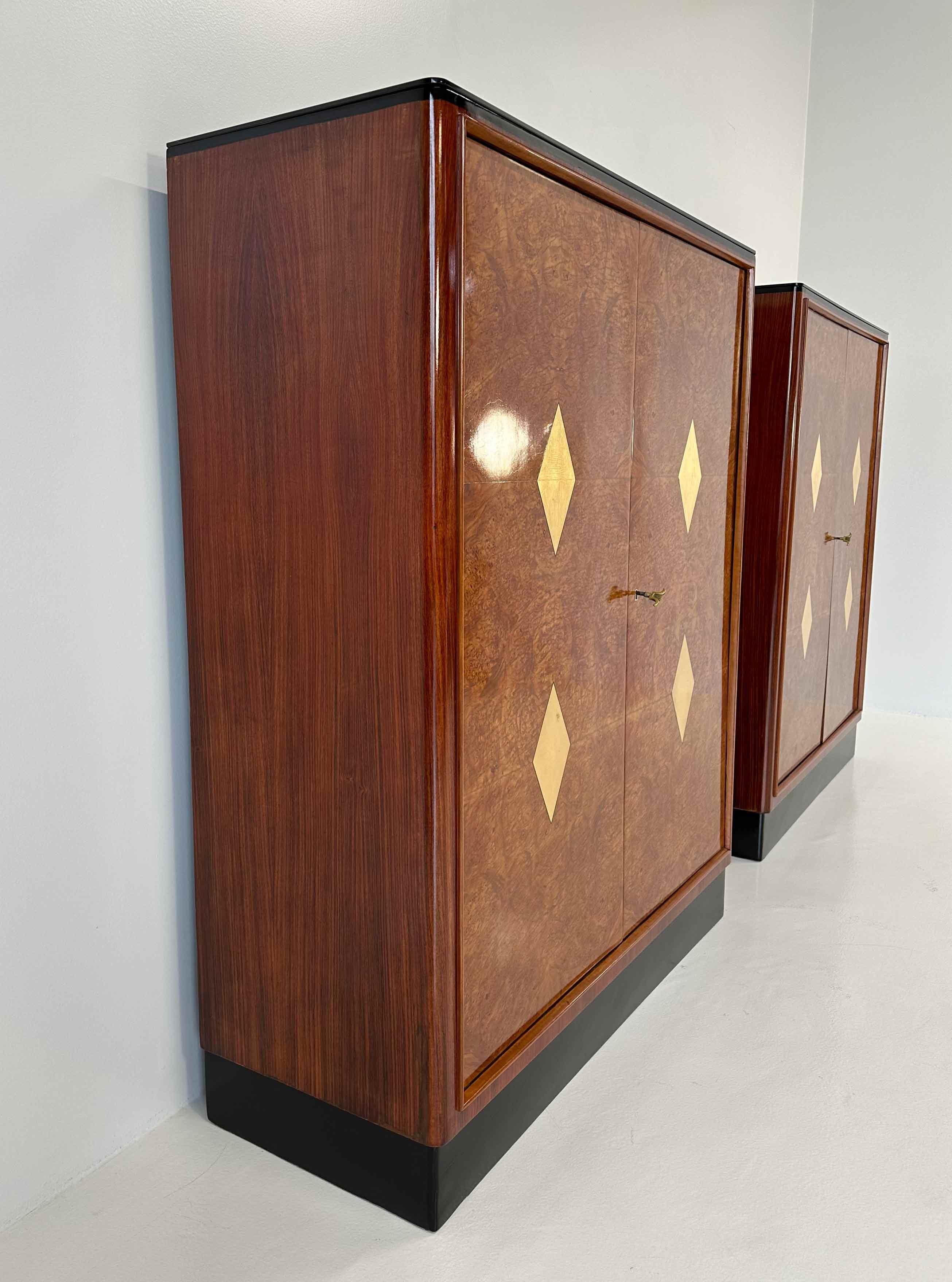 Pair of Twins  Italian Art Deco Maple Briar and Gold Cabinets, 1940s 2