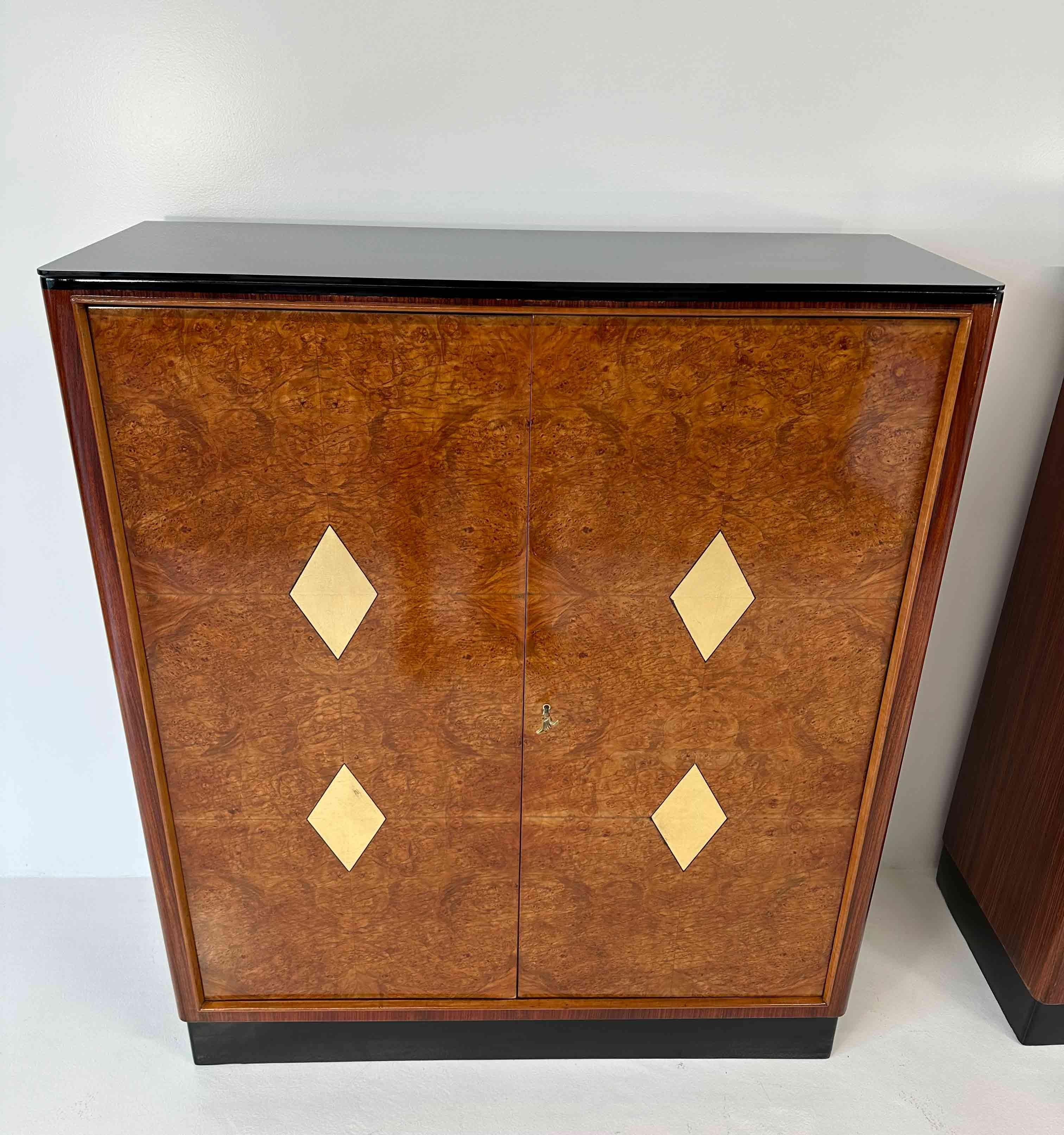 Pair of Twins  Italian Art Deco Maple Briar and Gold Cabinets, 1940s 6