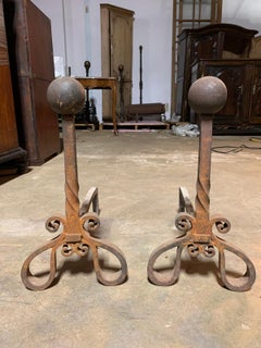 Pair of Twist Andirons with Ball Finial and Rusted Finish, circa 1900