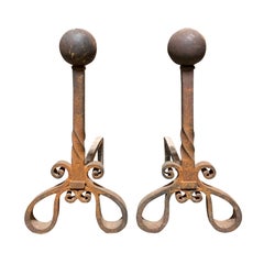 Pair of Twist Andirons with Ball Finial and Rusted Finish, circa 1900