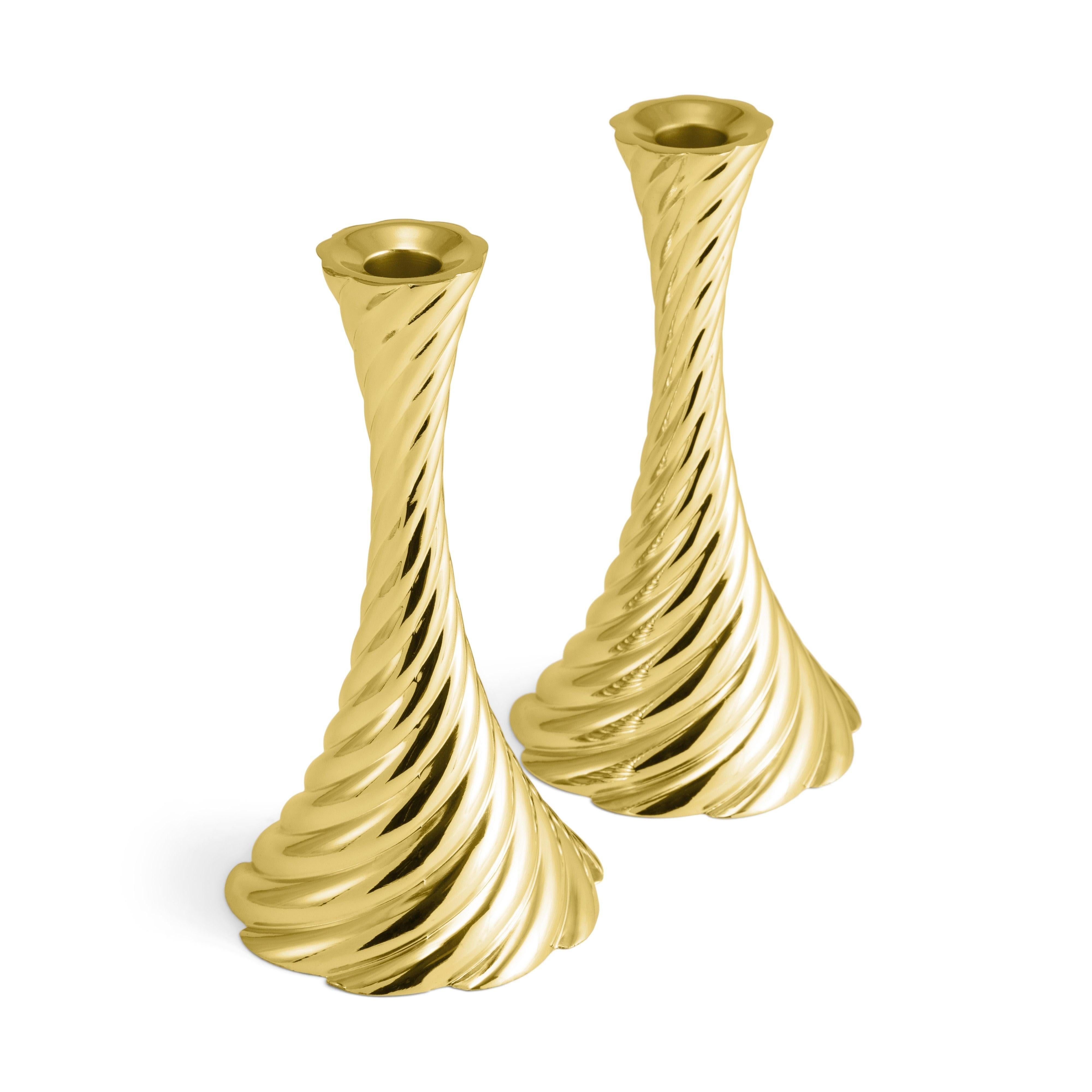 Gilt Pair of Twist Candlesticks, Gilded Metal, Contemporary Work. For Sale