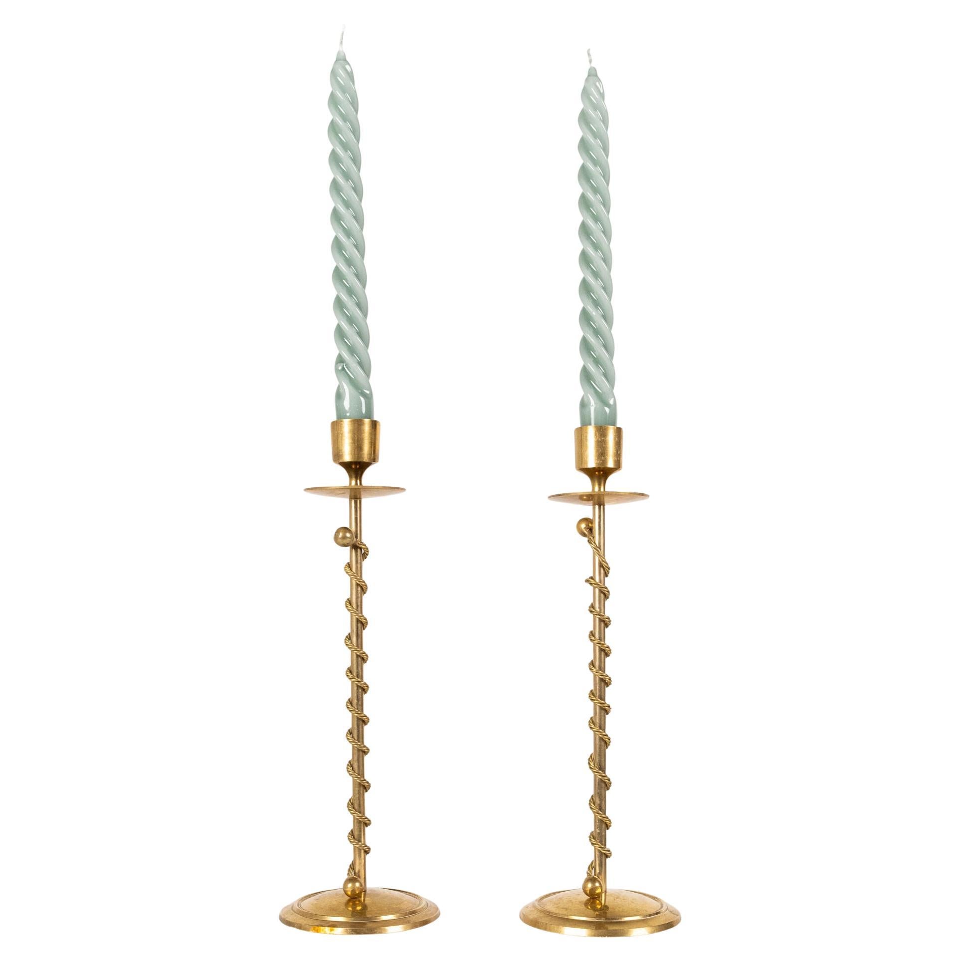 Pair of twisted Art Deco brass candlesticks, France, 1940s For Sale