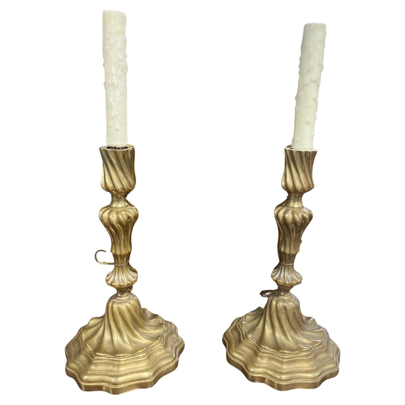 Pair of Twisted Brass Candlestick Lamps For Sale at 1stDibs