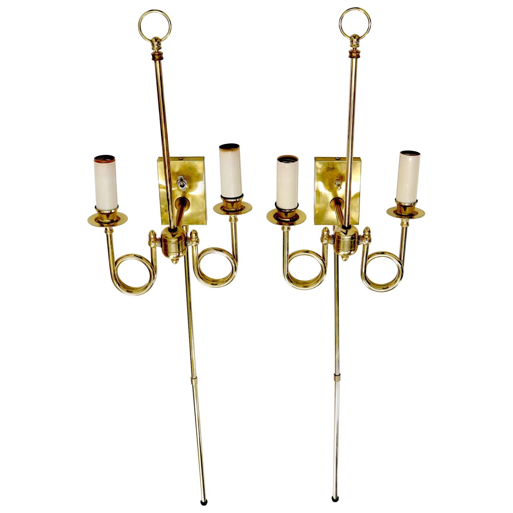 Pair of Twisted Brass Tube Trumpet Shape Sconces For Sale