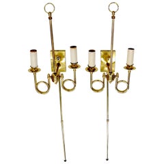 Used Pair of Twisted Brass Tube Trumpet Shape Sconces