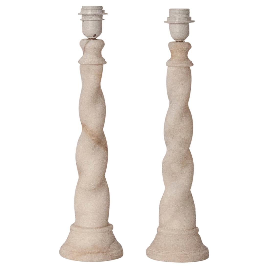 Pair of Twisted Column Alabaster Lamps, Spain, 1940s