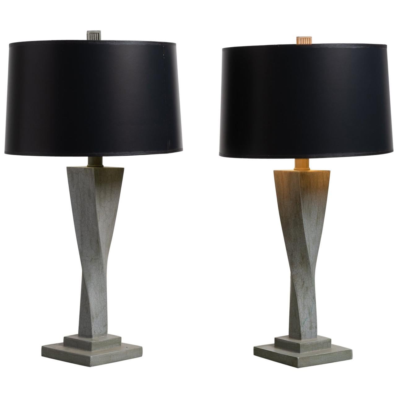 Pair of Twisted Grey Ceramic Table Lamps, America, circa 1950