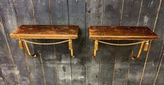 Pair of Twisted Lacquered Iron Wall Consoles circa 1950 Patinated Pine Top