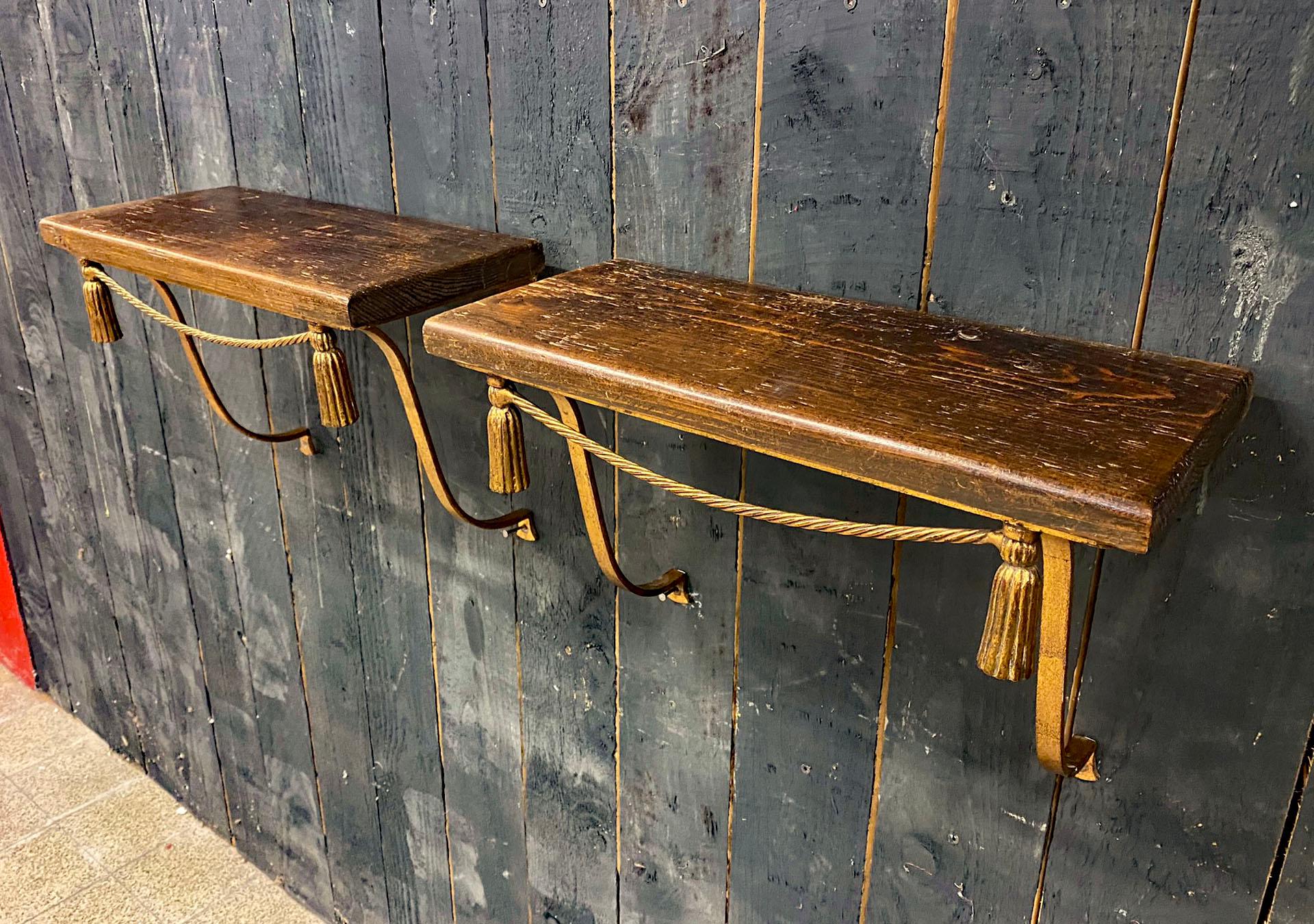 Gilt Pair of Twisted Lacquered Iron Wall Consoles circa 1950 Patinated Pine Top For Sale