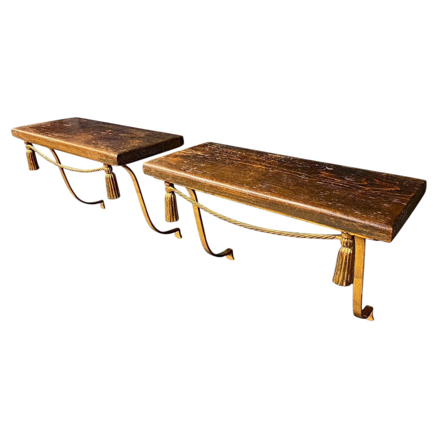 Pair of Twisted Lacquered Iron Wall Consoles circa 1950 Patinated Pine Top For Sale