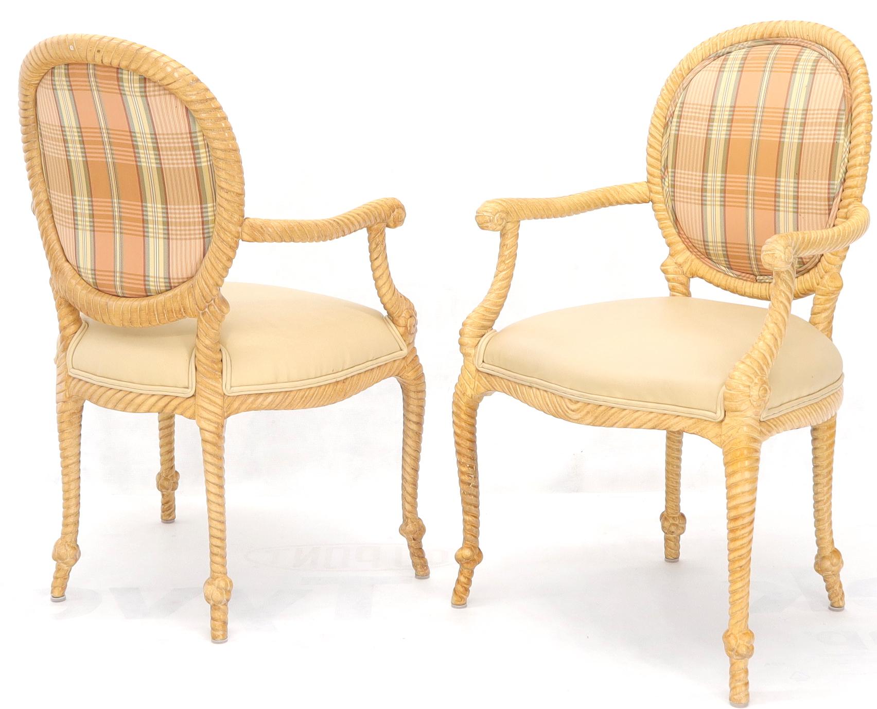 Hollywood Regency Pair of Twisted Rope Carved Wood Decorative Chairs For Sale