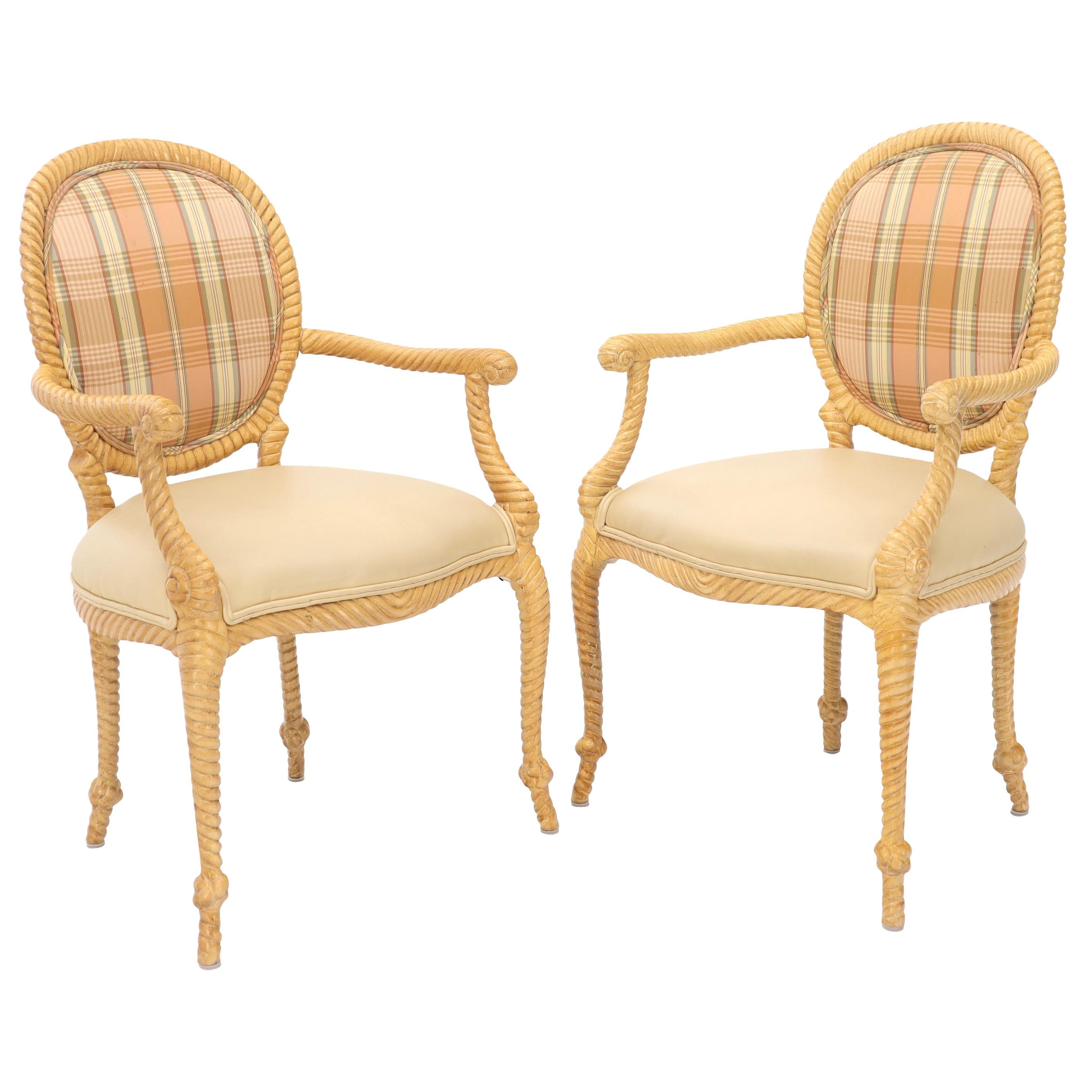 Pair of Twisted Rope Carved Wood Decorative Chairs For Sale