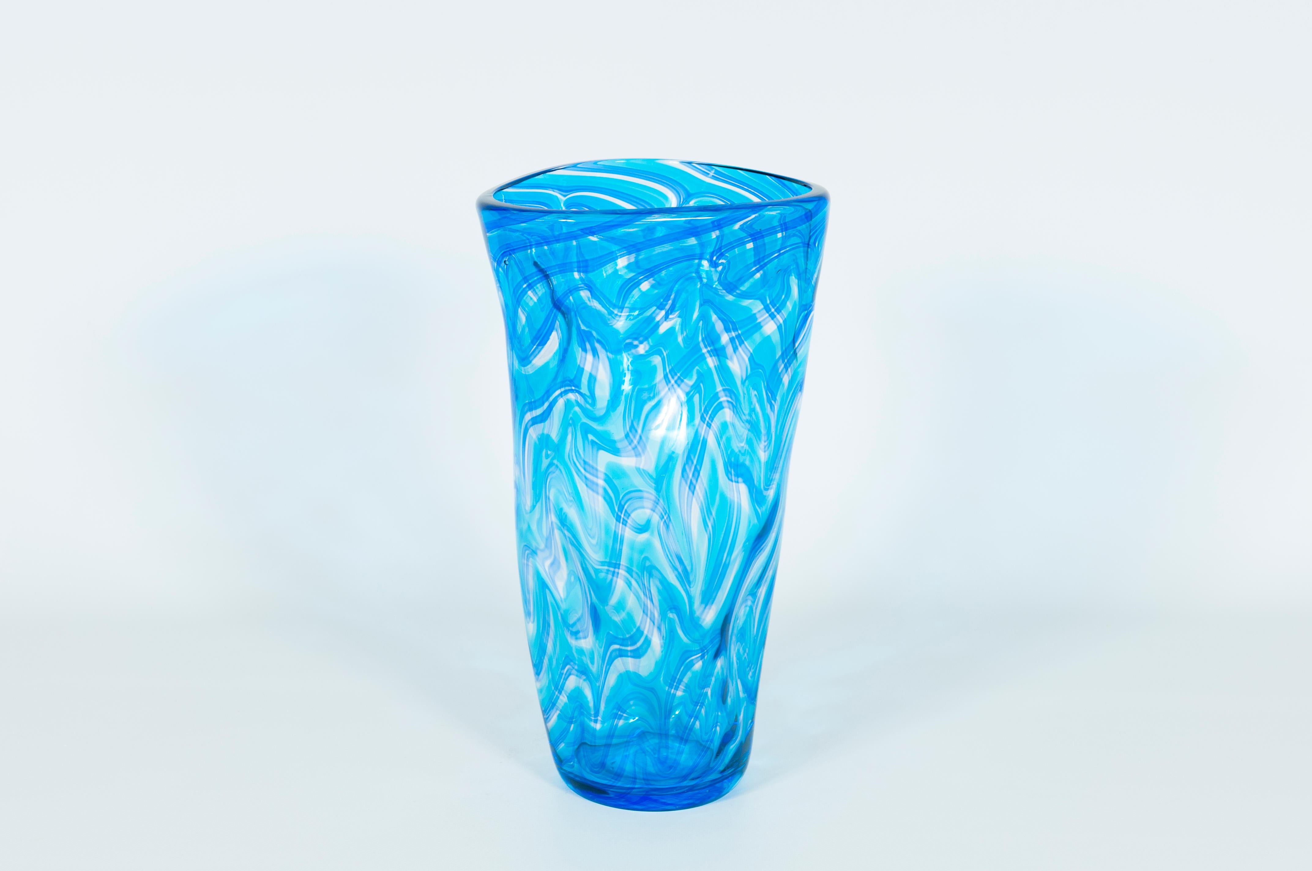 Pair of Twisted Vases in Blown Murano Glass Blue Color with Waves Pattern, Italy 9