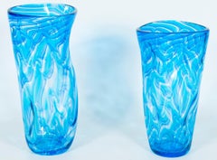 Pair of Twisted Vases in Blown Murano Glass Blue Color with Waves Pattern, Italy