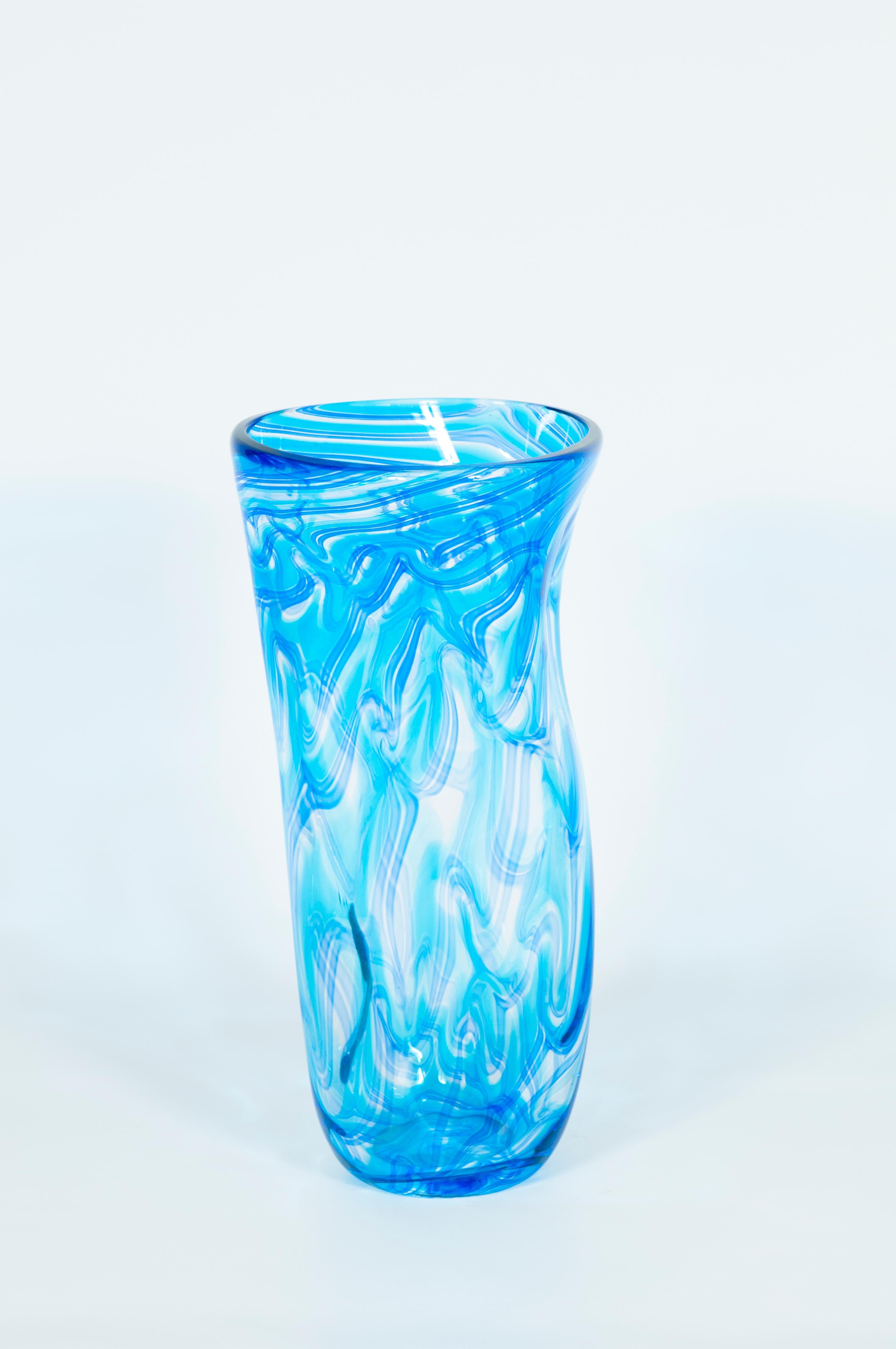 Modern Pair of Twisted Vases in Blown Murano Glass Blue Color with Waves Pattern, Italy
