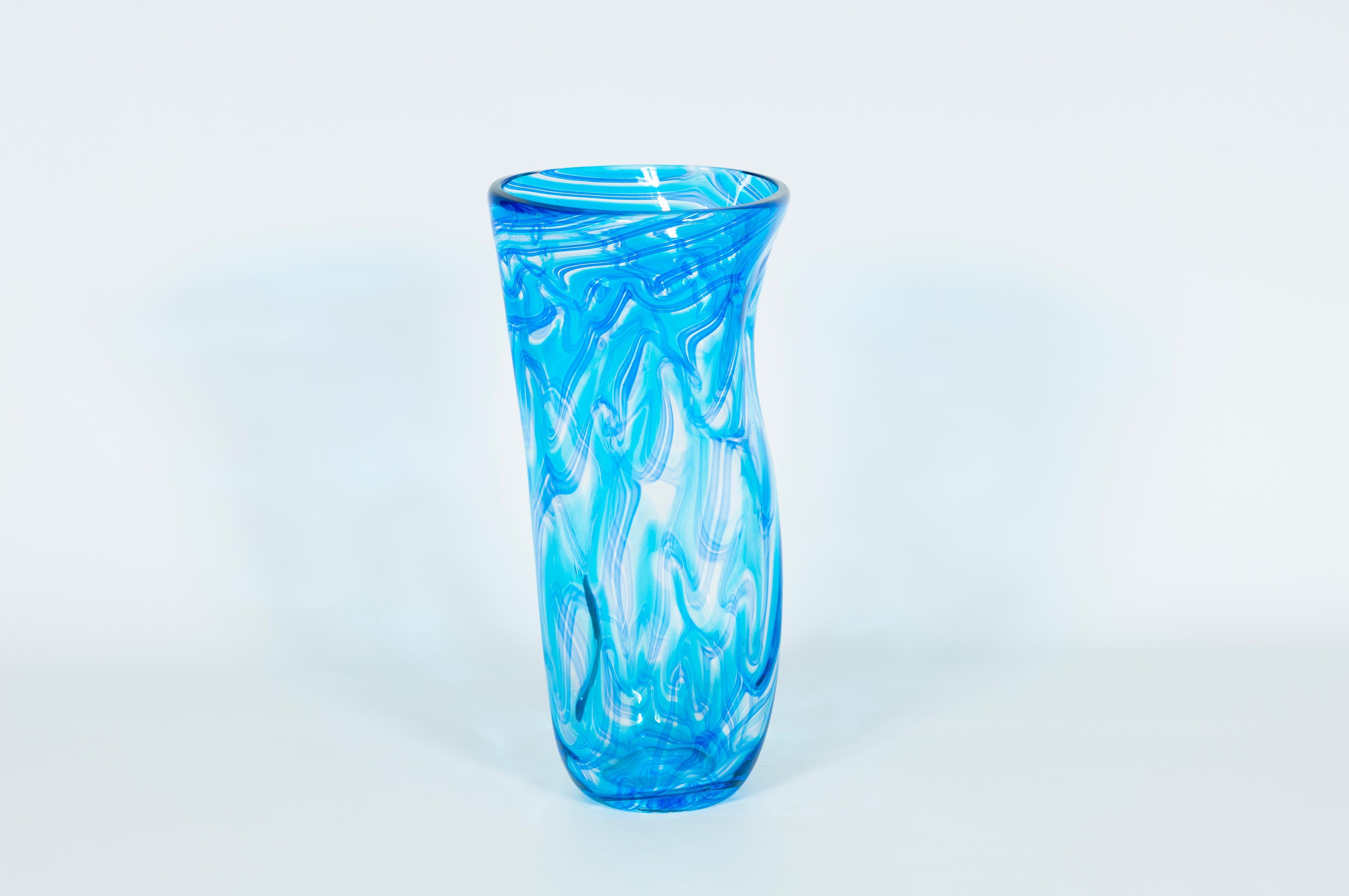 Italian Pair of Twisted Vases in Blown Murano Glass Blue Color with Waves Pattern, Italy