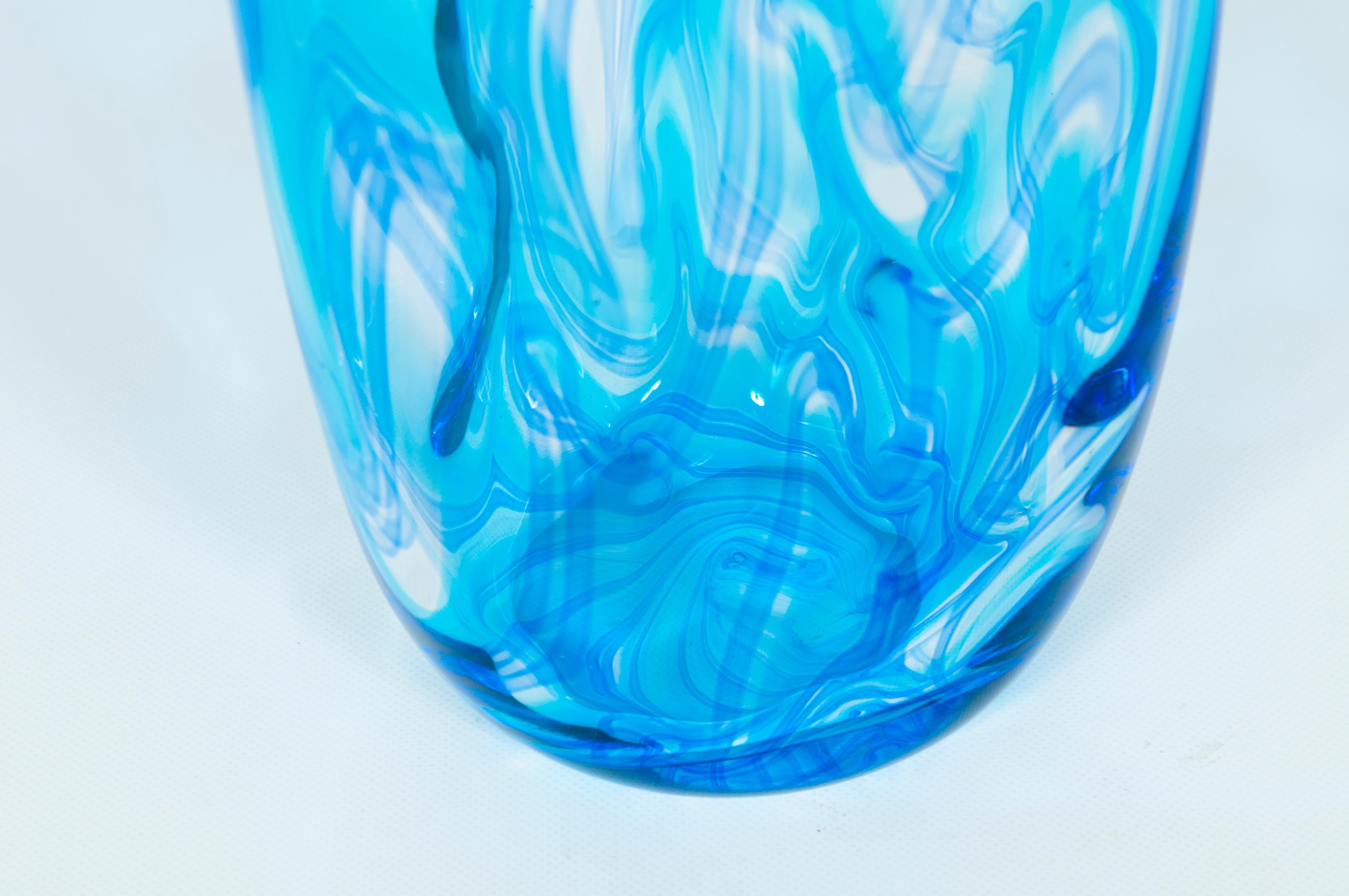 Contemporary Pair of Twisted Vases in Blown Murano Glass Blue Color with Waves Pattern, Italy