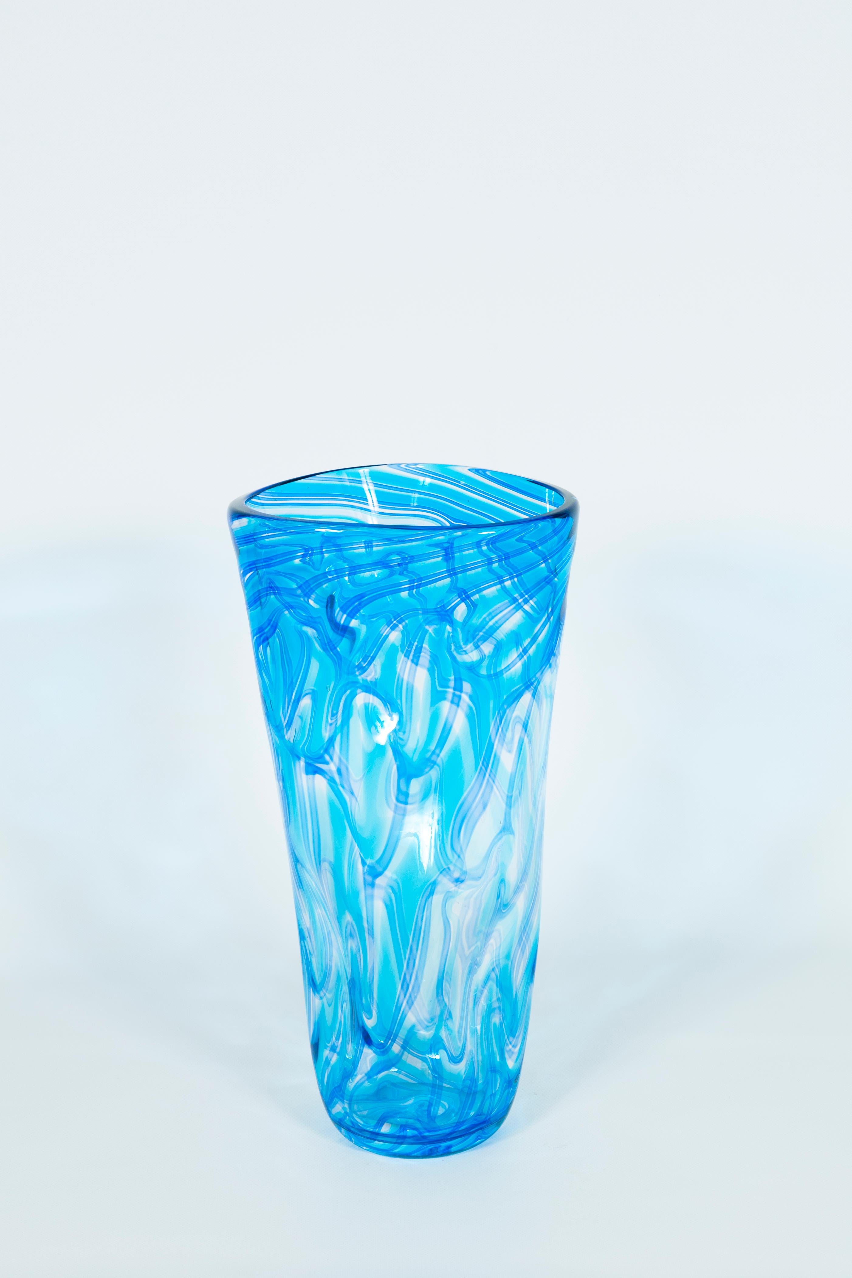 Pair of Twisted Vases in Blown Murano Glass Blue Color with Waves Pattern, Italy 1