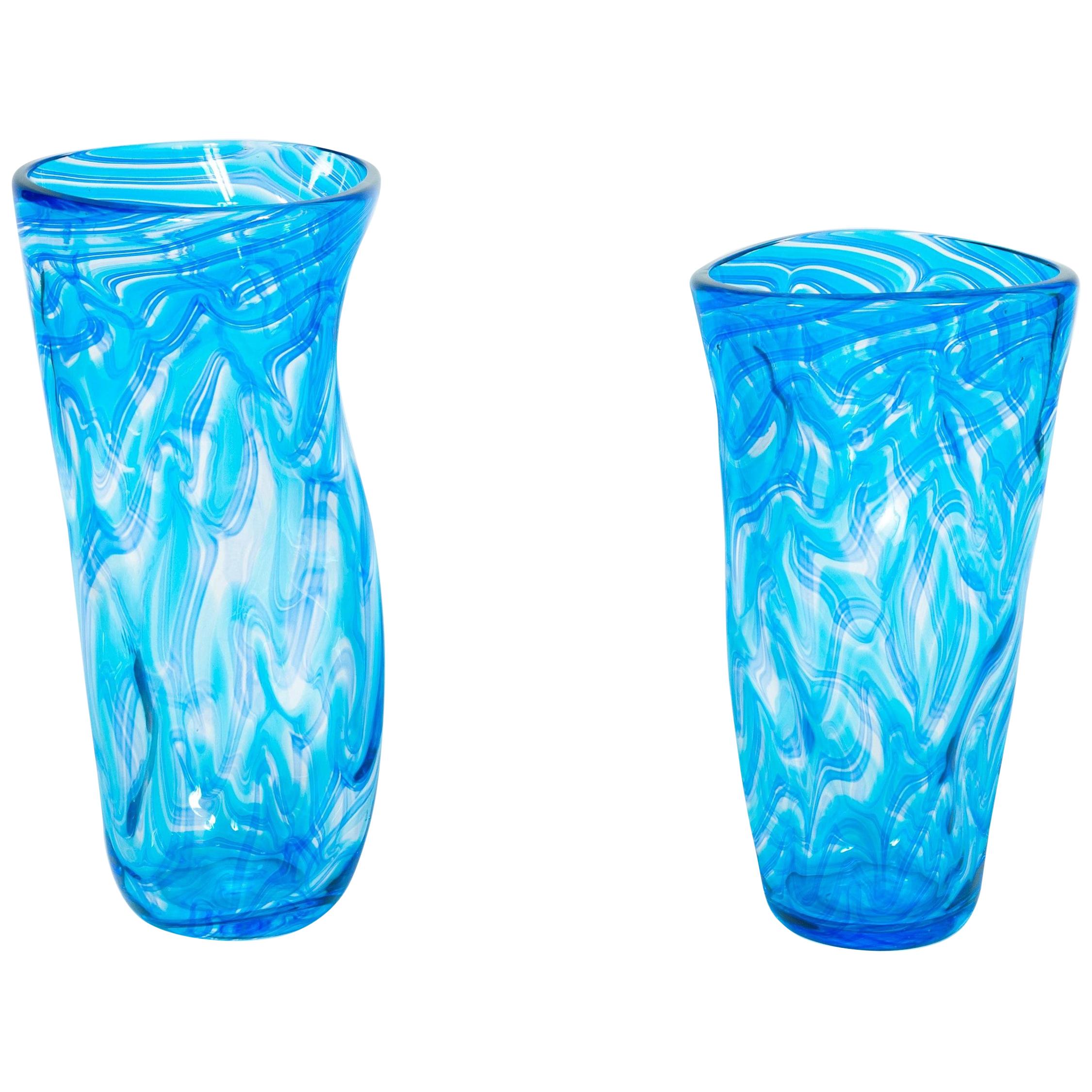 Pair of Twisted Vases in Blown Murano Glass Blue Color with Waves Pattern, Italy