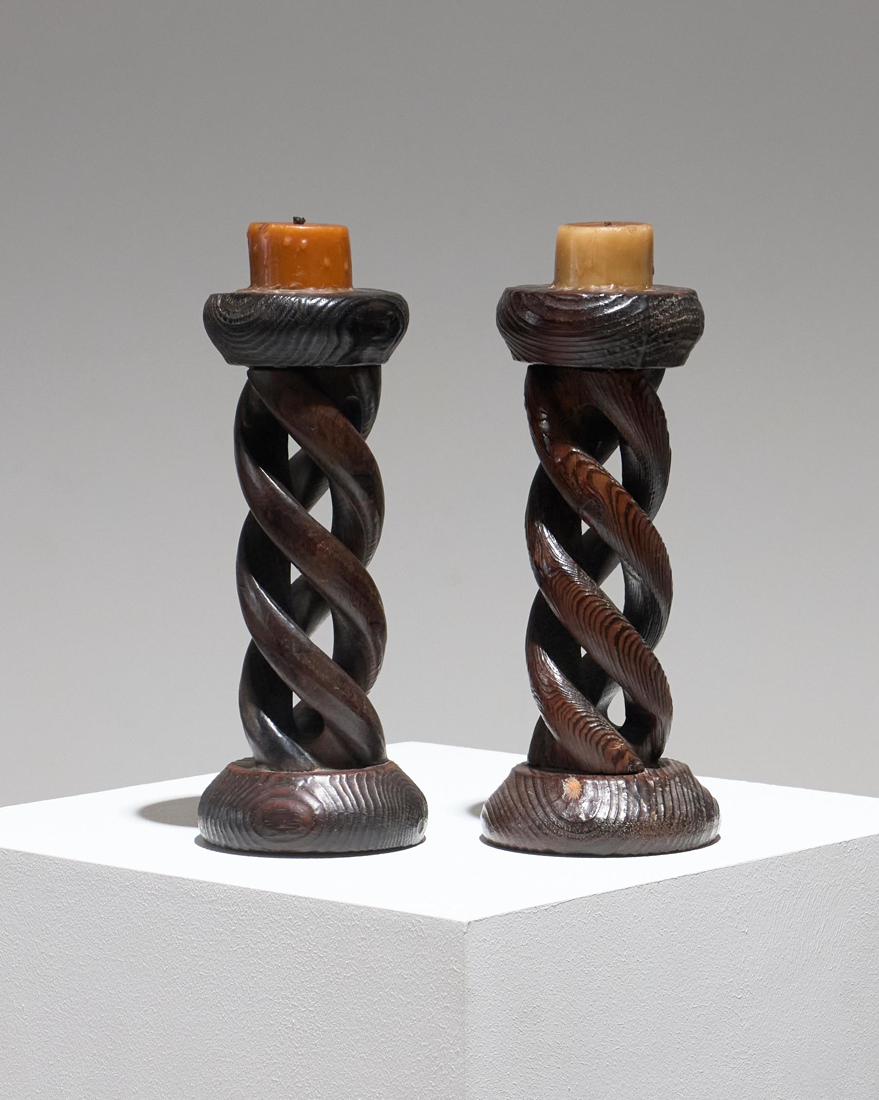 Unknown Pair of Twisted Wood Candlesticks, 1950s For Sale