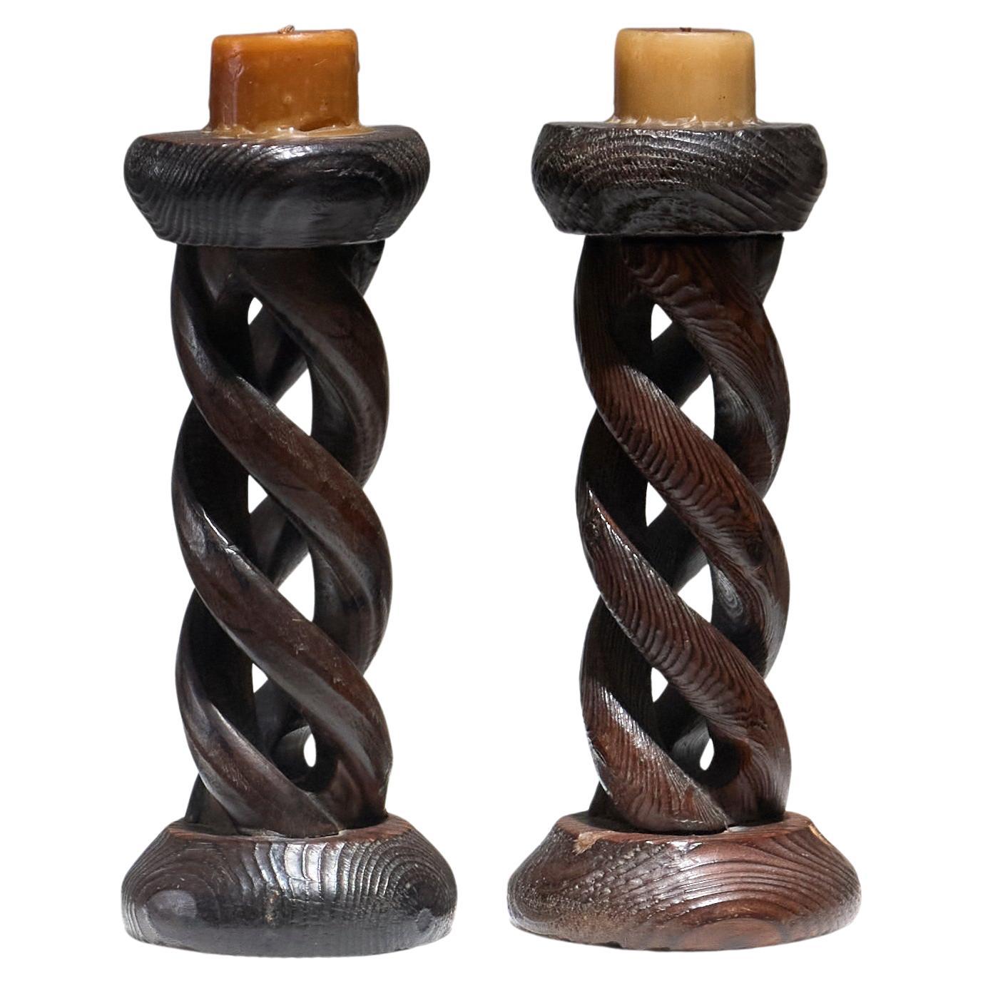 Pair of Twisted Wood Candlesticks, 1950s For Sale
